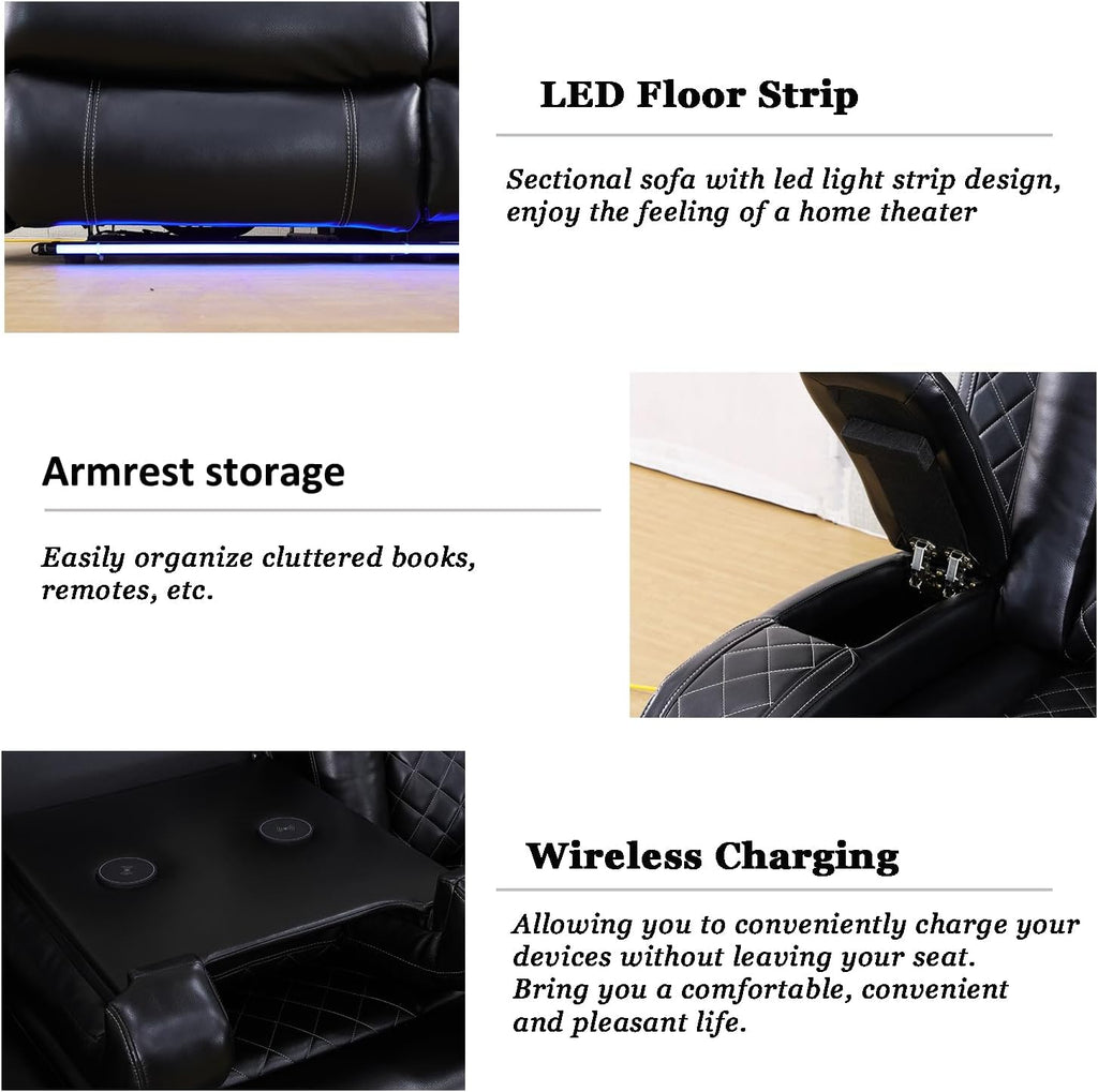 A Ainehome Power Recliner Set, Leather Sectional Sofa Set for Living Room, Home Theater, with LED Lights, Cup Holder, Hide-Away Storage, Wireless Charging(A-Black)