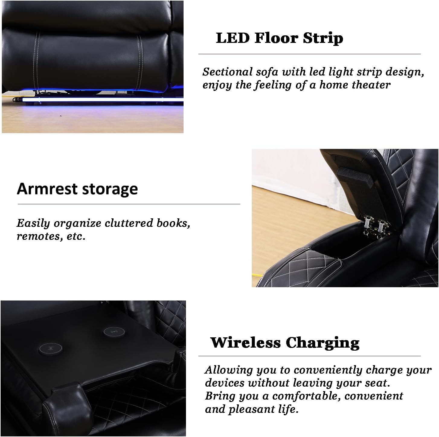 A Ainehome Power Recliner Set, Leather Sectional Sofa Set for Living Room, Home Theater, with LED Lights, Cup Holder, Hide-Away Storage, Wireless Charging(A-Black)