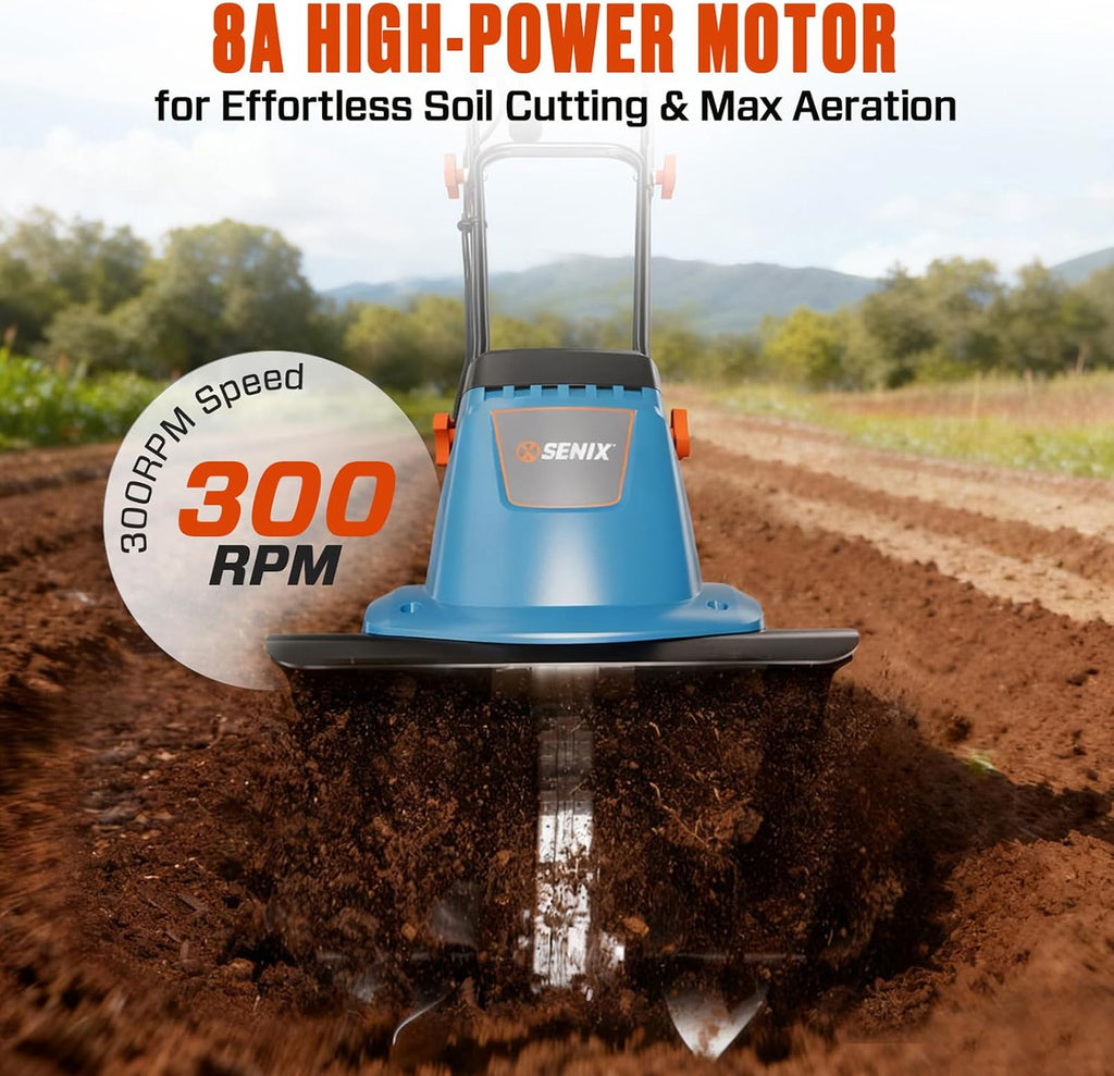 SENIX Electric Corded Garden Tiller & Cultivator, Steel Tines, 8 Amp, 12″ Till Width,8″ Till Width 3-Position Wheel Adjustment-Heavy Duty Gardening Machine Equipment for Lawn, Yard, & Grass