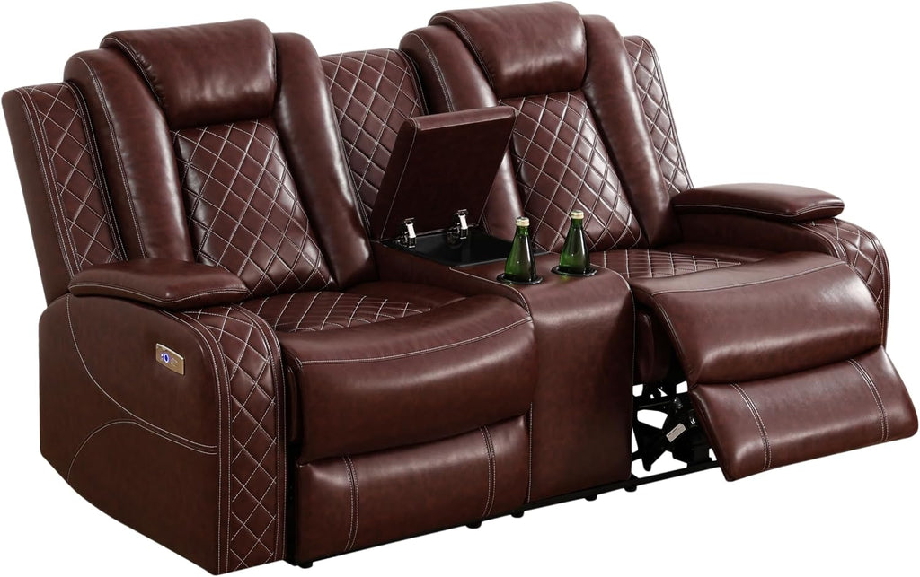Multifunction Power Air Leather Recliner Sofa Set with LED Lights, Living Room Furniture, Reclining Sofa, loveseat, Chair with USB Port/Storage (Brown, 3 Pieces)