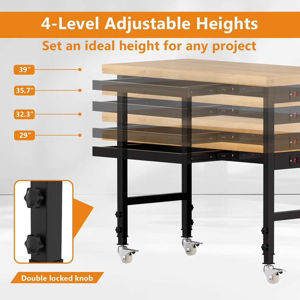 48' Heavy-Duty Solid Wood Work Bench with Drawers, Adjustable Height Workbench with Wheels, 2000 LBS Capacity Work Table with Power Outlets for Garage, Workshop(48' X 24')
