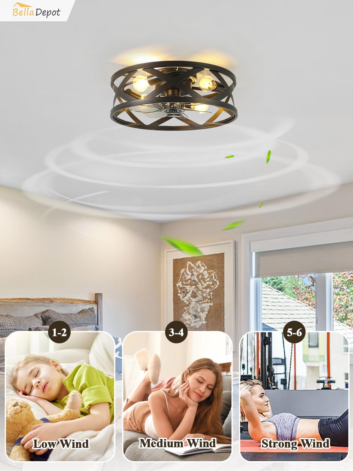 Bella Depot 20' Modern Flush Mount Ceiling Fan with Light, Chandelier Fan, 6 Speeds Reversible Bladeless for Bedroom Living Room Kitchen