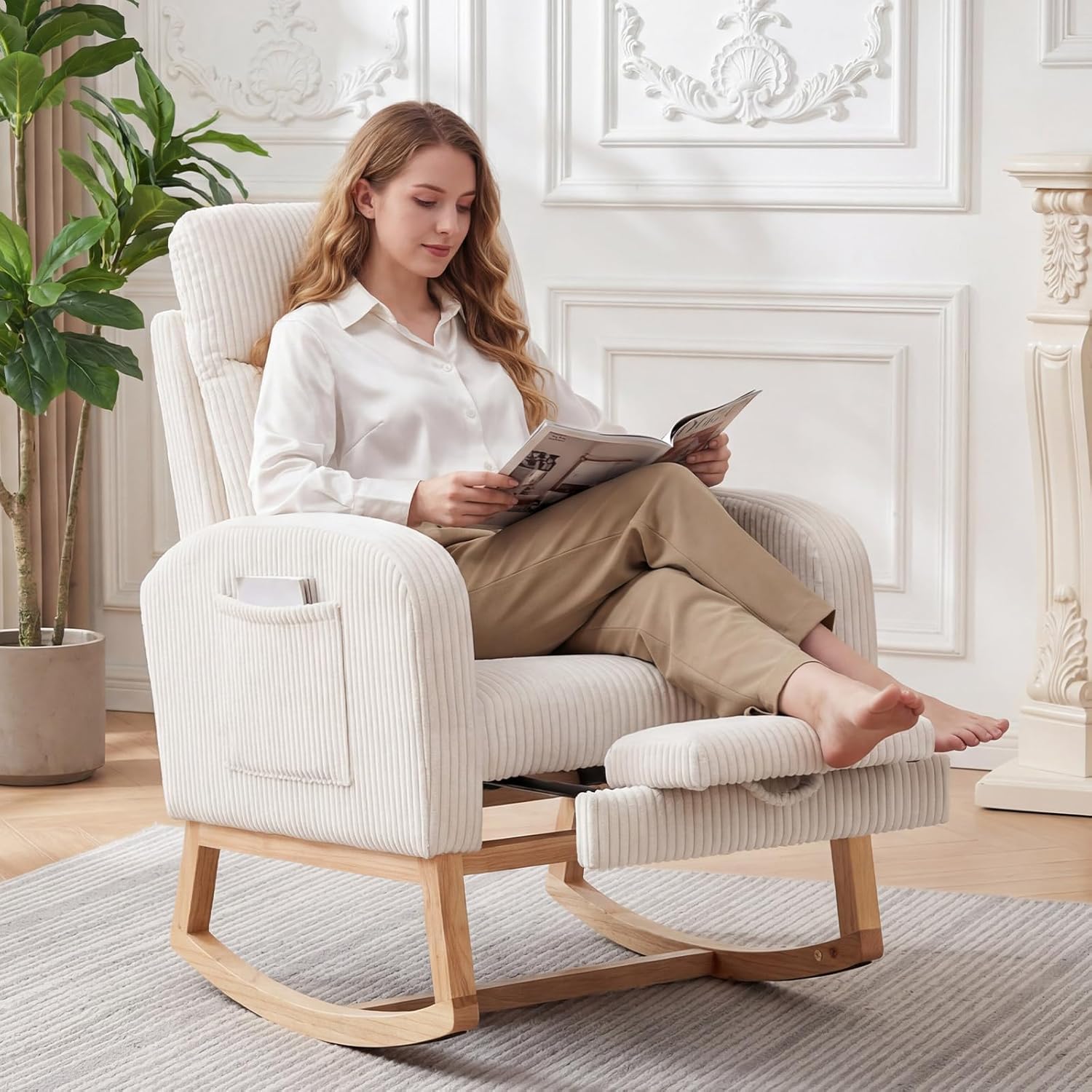 GarveeHome Corduroy Nursery Rocking Chair with Foot Rest,Upholstered Glider with 26' High Backrest, Padded Seat,Modern 300 Lbs Weight Capacity Accent Recliner for Living Room, Bedroom, Reading