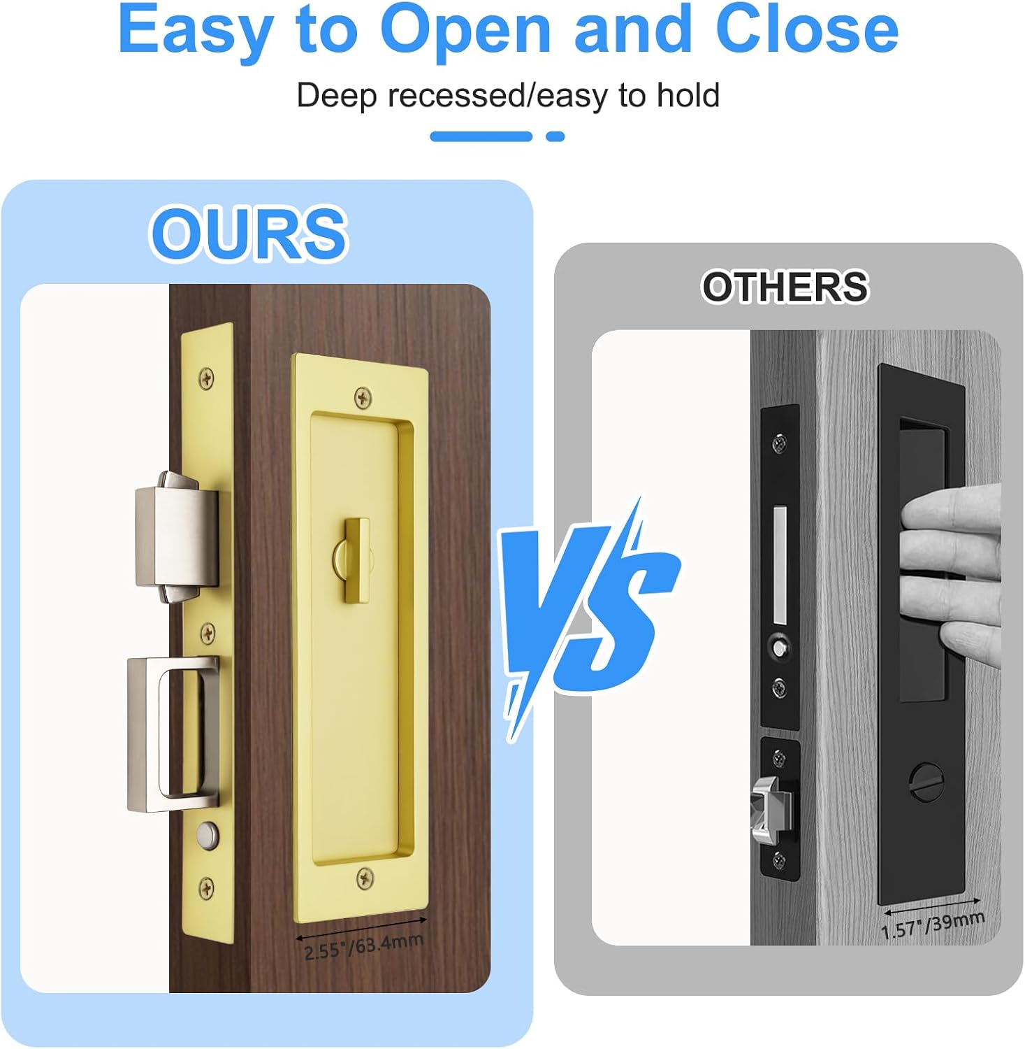 Rectangular Privacy Pocket Door Mortise Lock and Edge Pull, Narrow Modern Sliding Door Pop-Up Handle, (Bed/Bath) Pull Latch, Recessed Hardware for 1 3/8' to 2 3/16' Thickness Door (Satin Brass)