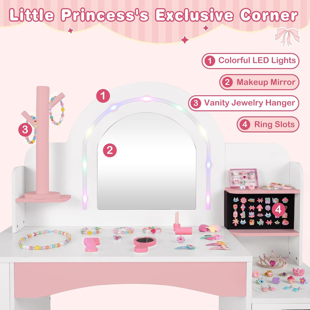 INFANS Kids Vanity with Lights, Princess Makeup Desk with Mirror, Jewelry Hanger, Fabric Drawers, Toddler Table and Chair Set Pretend Play for Girls