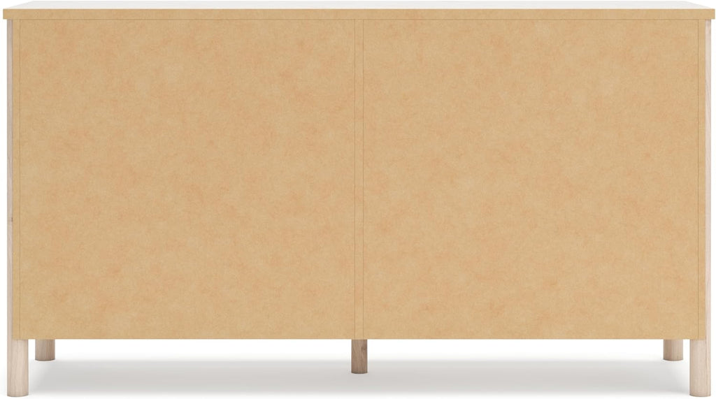 Signature Design by Ashley Cadmori Casual Bohemian Dresser with Post Legs and 6 Drawers, Replicated Marble Top, Wood, 35' High, White and Light Brown Finish