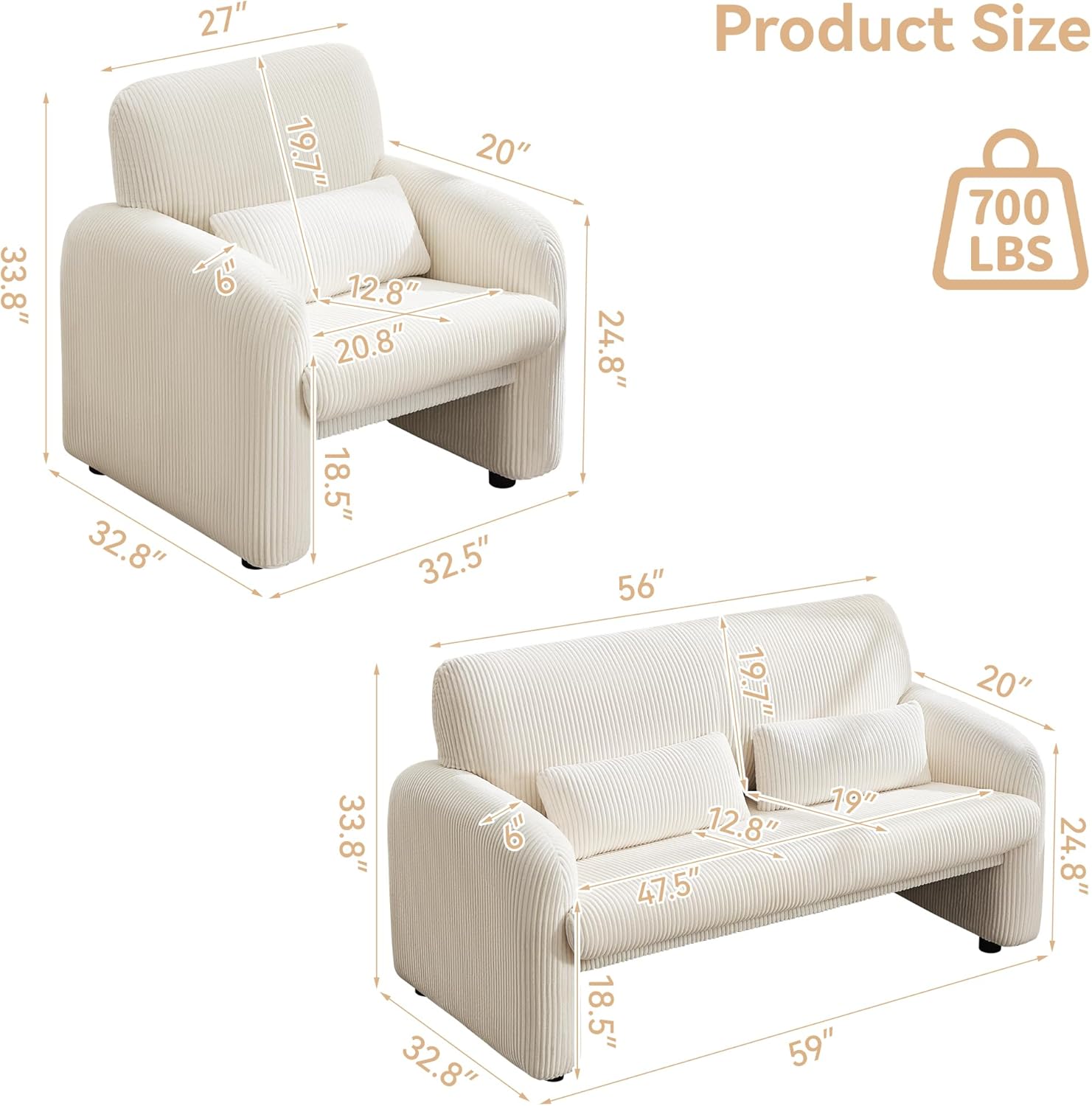 WUTUTUEE Corduroy Accent Living Room Sets, Modern Upholstered Love Seat with 2 Accent Chairs, Wide Comfy Leisure Chair Sets for Bedroom, Office, White