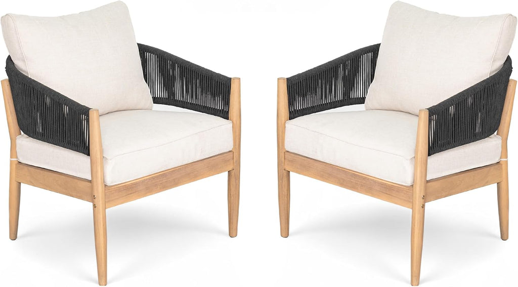 Christopher Knight Home Naomi Set of 2 Patio Acacia Wood Club Chair with Cushions, Handwoven Rope Lounge Chair Outdoor for Porch/Backyard, Stylish Garden Seating with Curved Backrest, Beige + Black