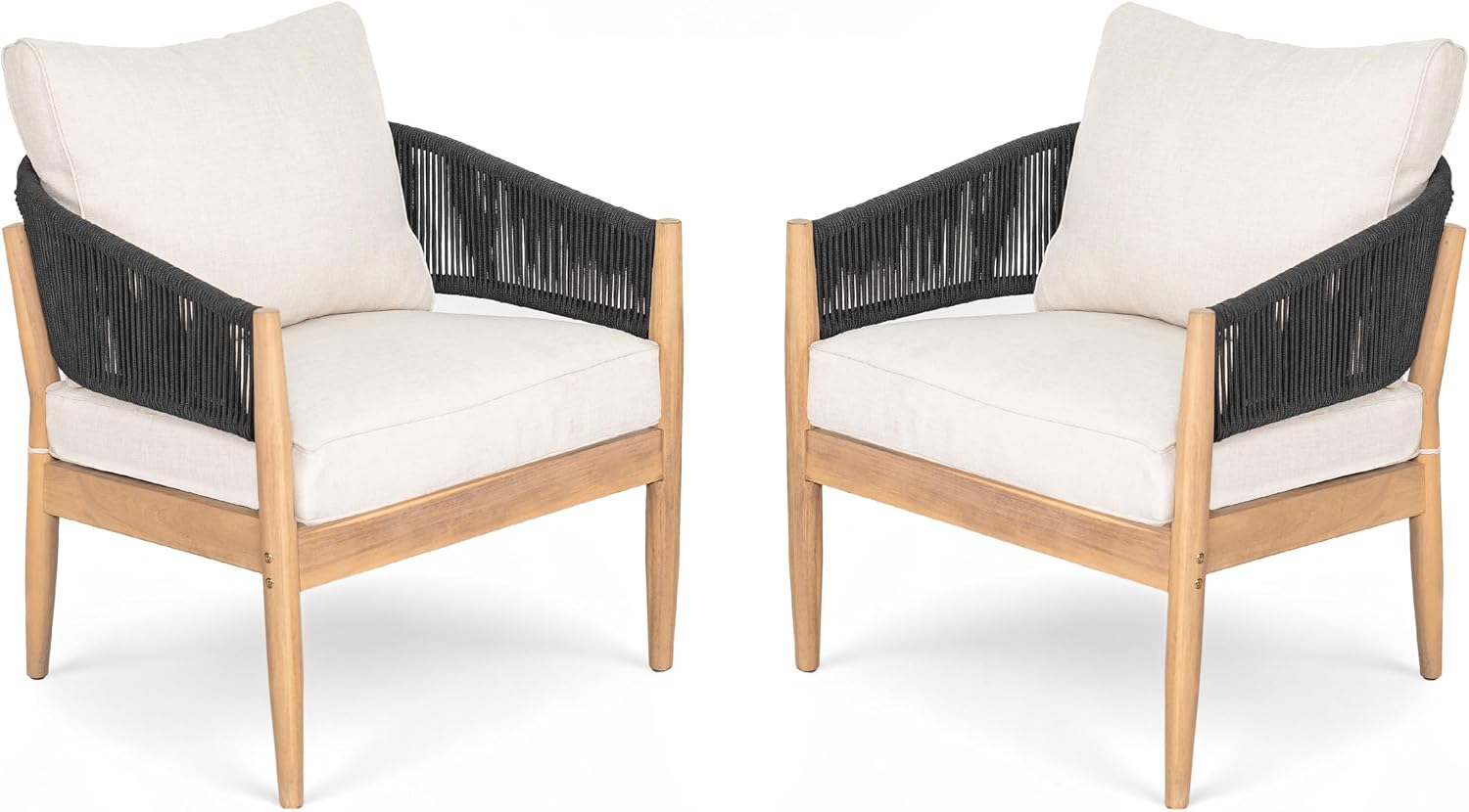 Christopher Knight Home Naomi Set of 2 Patio Acacia Wood Club Chair with Cushions, Handwoven Rope Lounge Chair Outdoor for Porch/Backyard, Stylish Garden Seating with Curved Backrest, Beige + Black