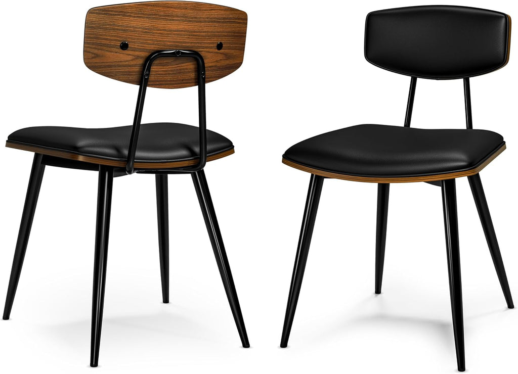 SIMPLIHOME Mavis Dining Chairs - Mid-Century Modern Iron Frame and Vegan Faux Leather Kitchen Chair Set in Black, Dining Room Seating with Curved Wood Veneer Backrest and Padded Seat (Set of 2)