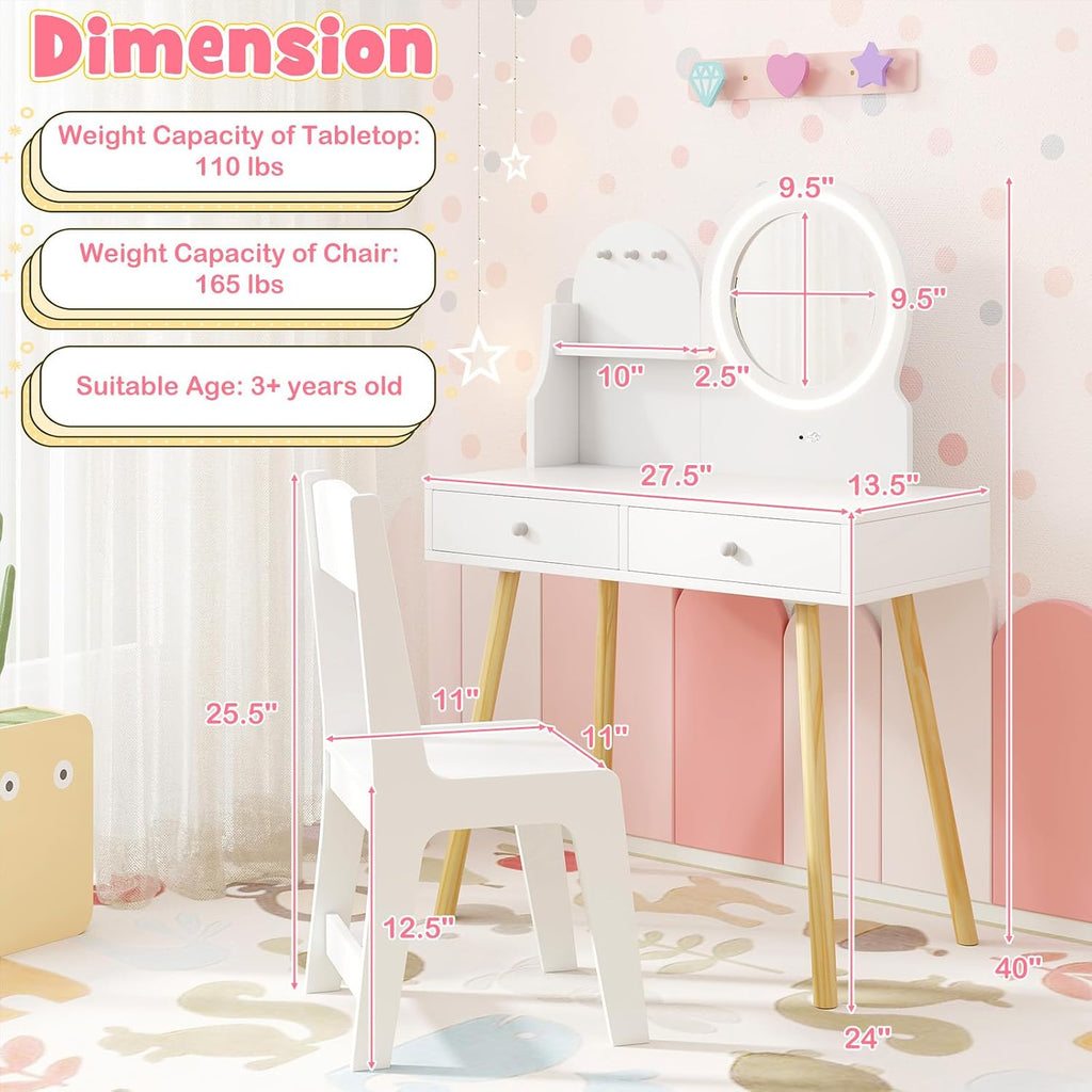 HONEY JOY Kids Vanity, Little Girls Vanity Set with Mirror and Stool and Lights, Drawers, Toddler Makeup Vanity Dressing Table, Wooden Pretend Play Kids Vanity Table and Chair Set (White)