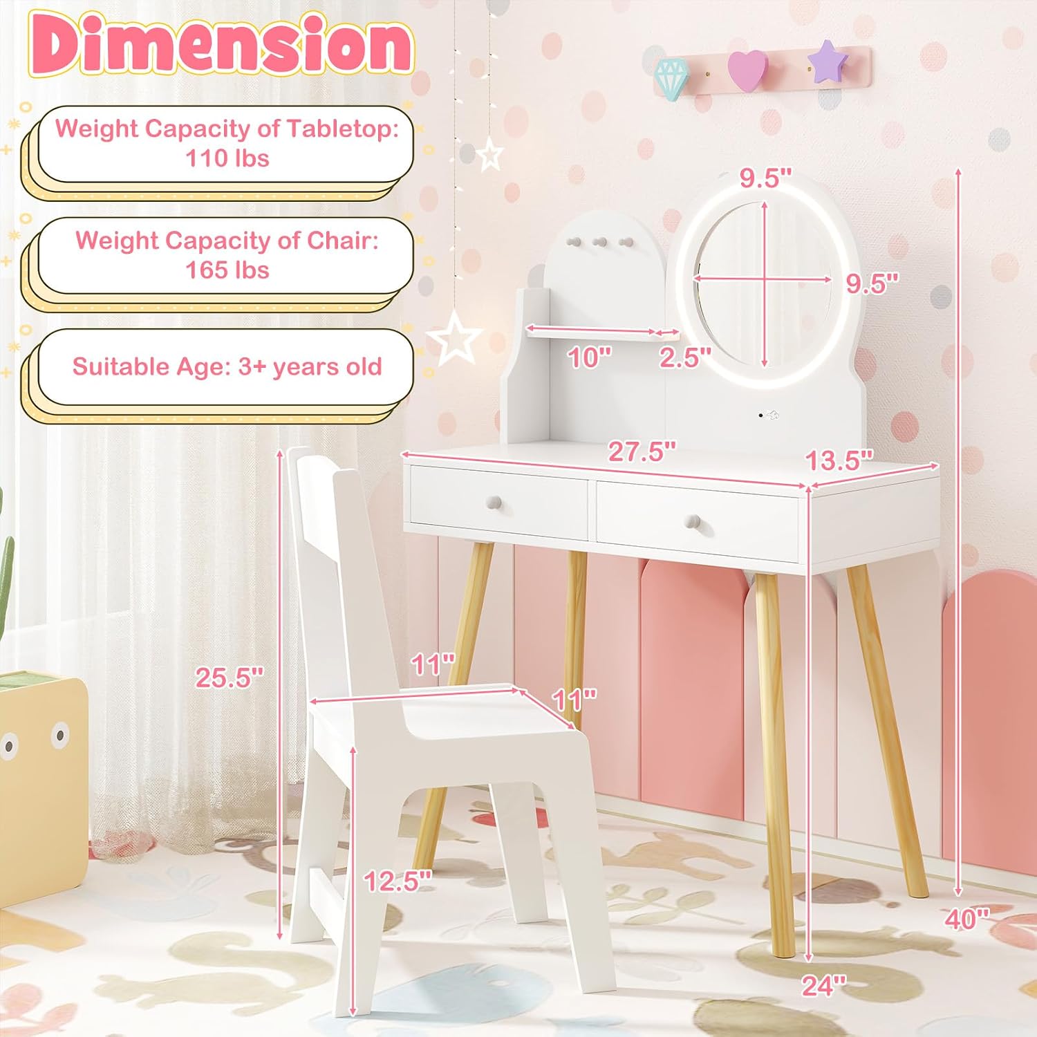 HONEY JOY Kids Vanity, Little Girls Vanity Set with Mirror and Stool and Lights, Drawers, Toddler Makeup Vanity Dressing Table, Wooden Pretend Play Kids Vanity Table and Chair Set (White)