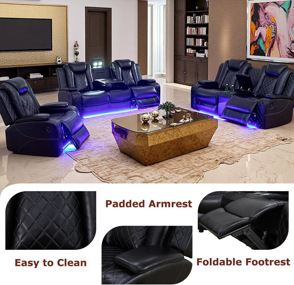 Power Leather Recliner Chair Set with LED Light, Black Leather Reclining Set, Living Room Furniture Sets, Modern Power Recliner Sets for Living Room/RV/Apartment(Black)