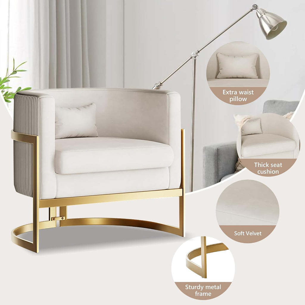 Velvet Accent Chair Modern Barrel Chair with Gold Legs Upholstered Armchair for Bedroom Living Room Sofa Chair Club Side Chairs Ivory