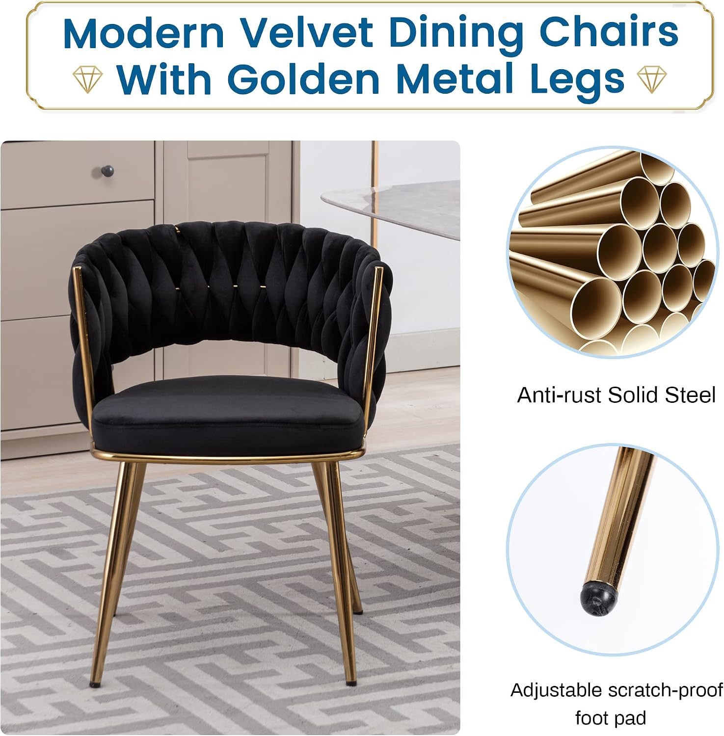 KCC Velvet Dining Chairs Set of 2, Gold Modern Dining Chair with Metal Legs, Woven Upholstered Dining Chairs for Dining Room, Kitchen, Vanity, Living Room (Black)