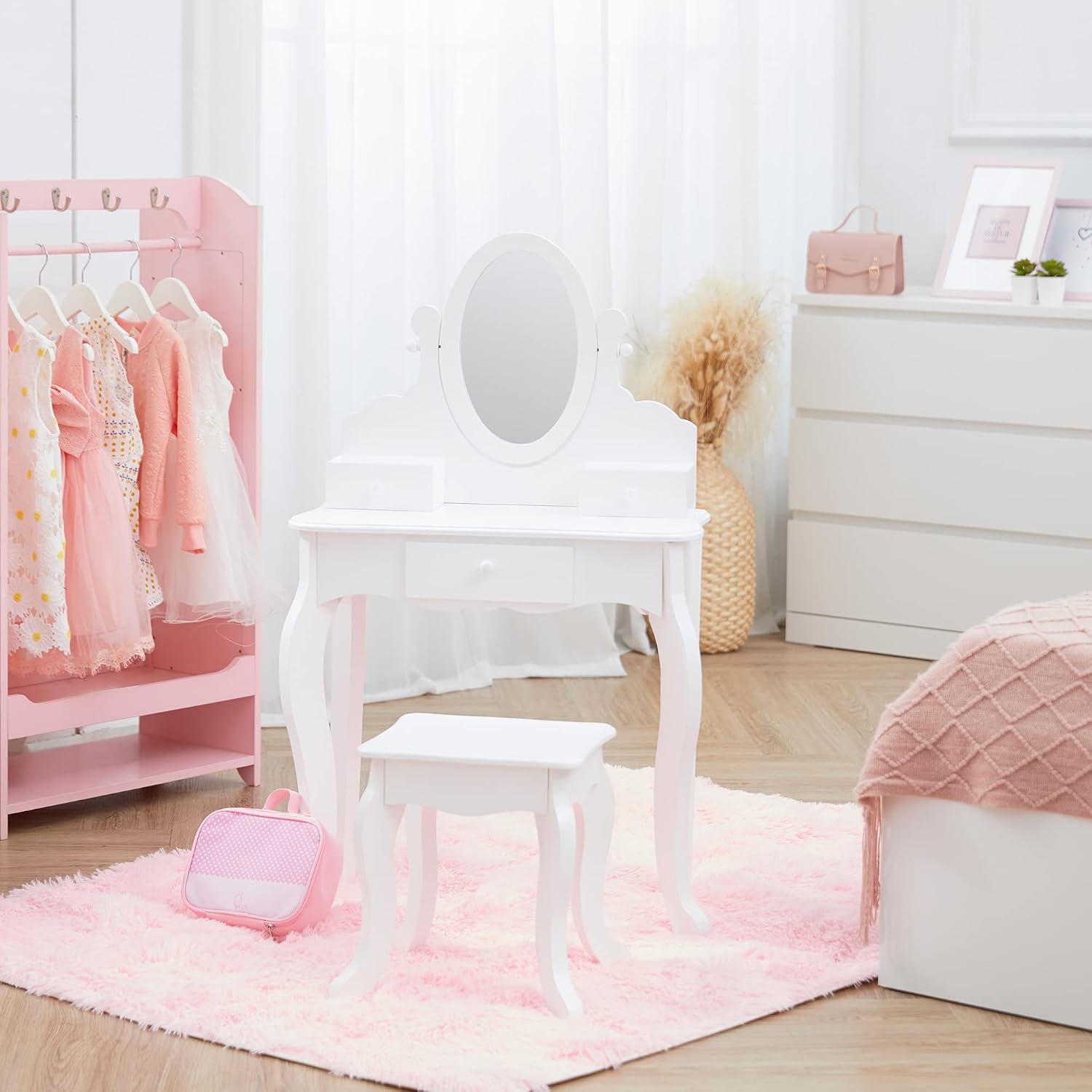 Teamson Kids Princess Rapunzel Wooden 2-pc. Play Vanity Set with Three Storage Drawers, Rotating Oval Mirror and Matching Stool to Play Dress-up, Princess or Beauty Shop, White