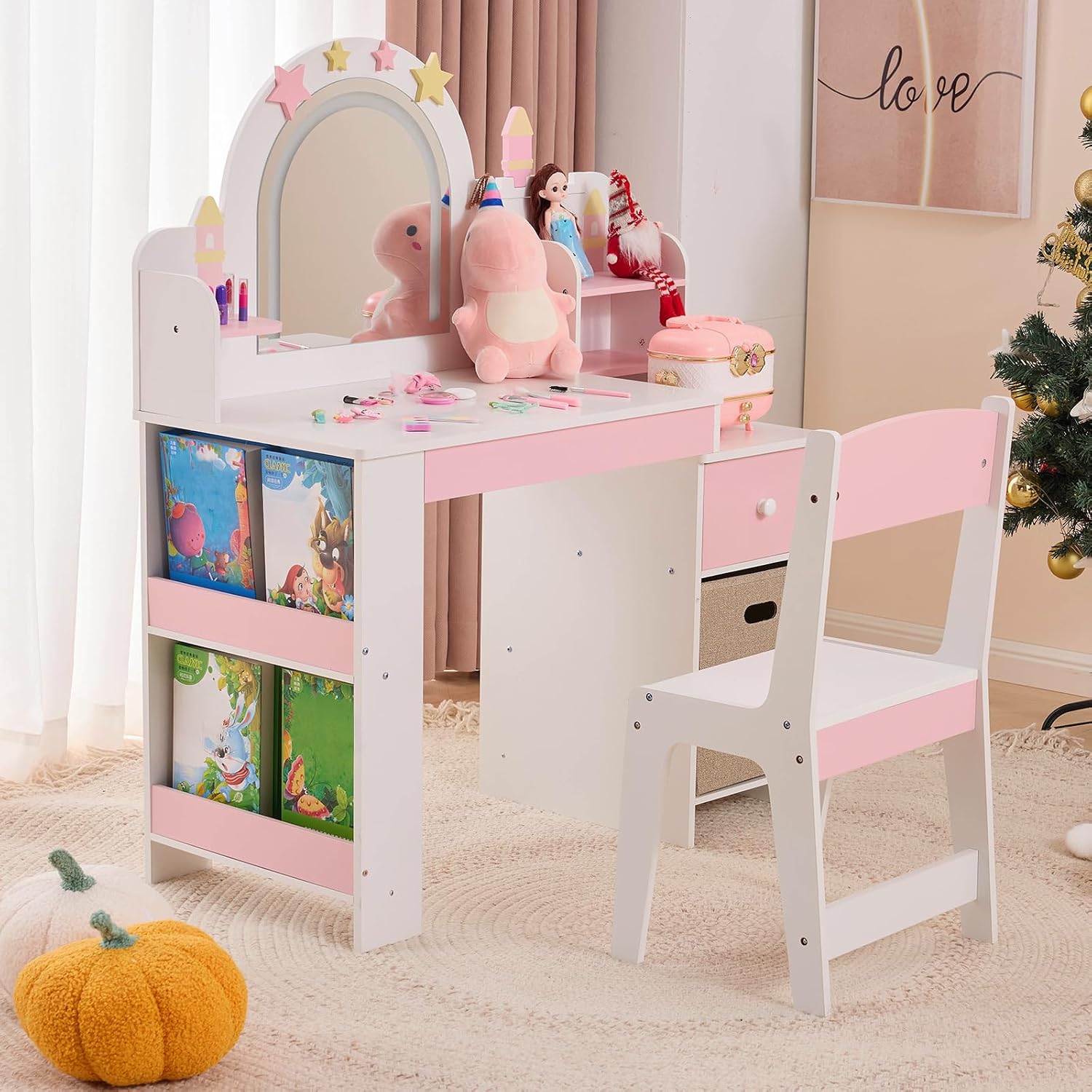 Karl home Kids Vanity Set with Lighted Mirror and Stool, Princess Makeup Vanity Desk with Bookshelf & Drawers, Toddler Dressing Table and Chair Set with Storage Shelves for Little Girls, White