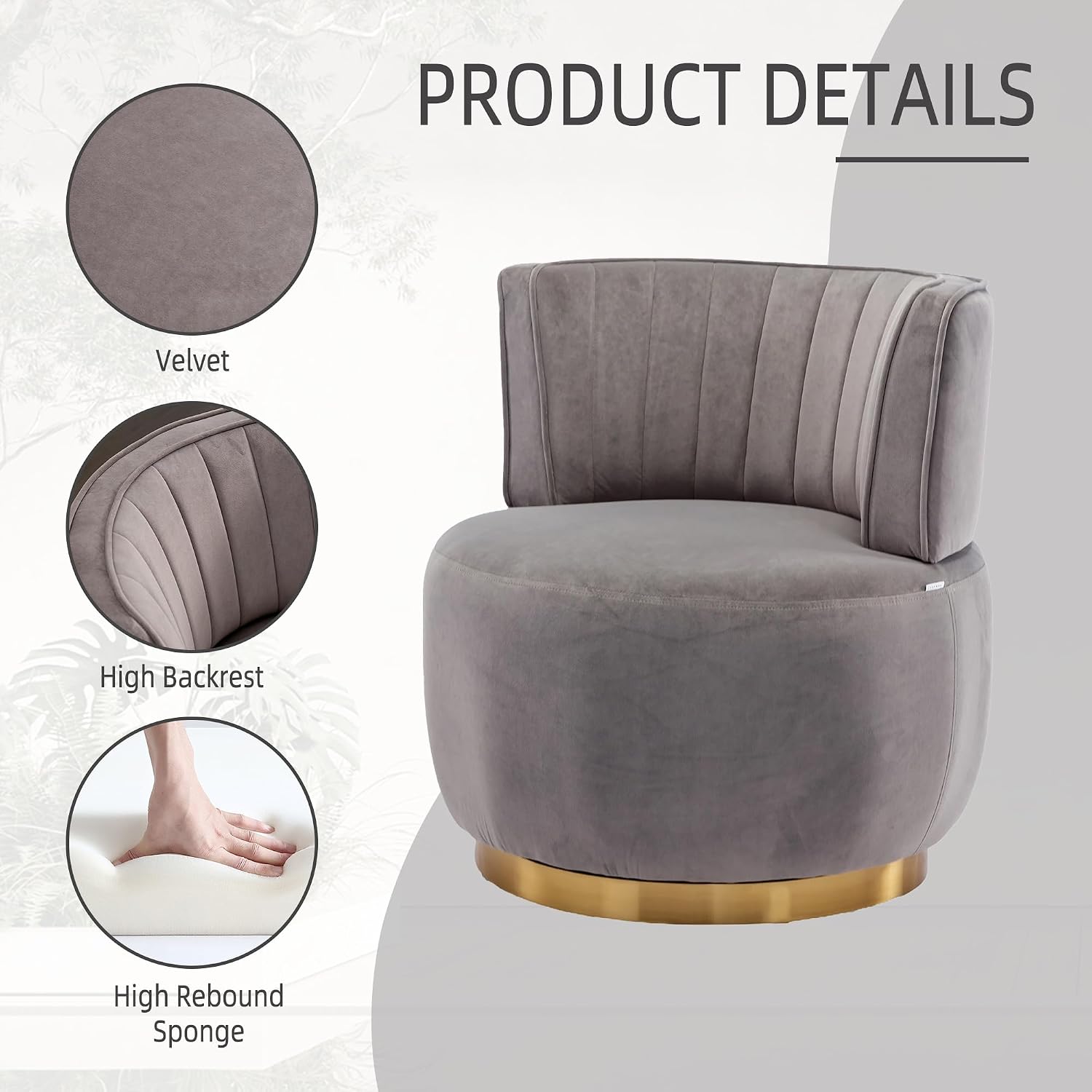 KEIKI Swivel Barrel Accent Chair, 360 Degree Rotating Upholstered Armchair with Velvet Fabric for Living Room, Office, Bedroom, Grey