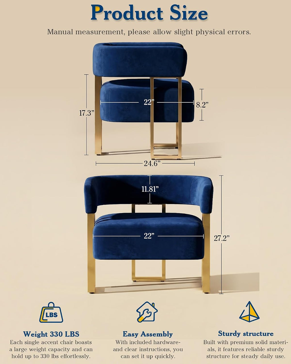 AODAILIHB Blue Modern Accent Chair, Velvet Barrel Chairs with Gold Metal Legs - Upholstered Armchairs for Living Room, Bedroom, Lounge & Waiting Room