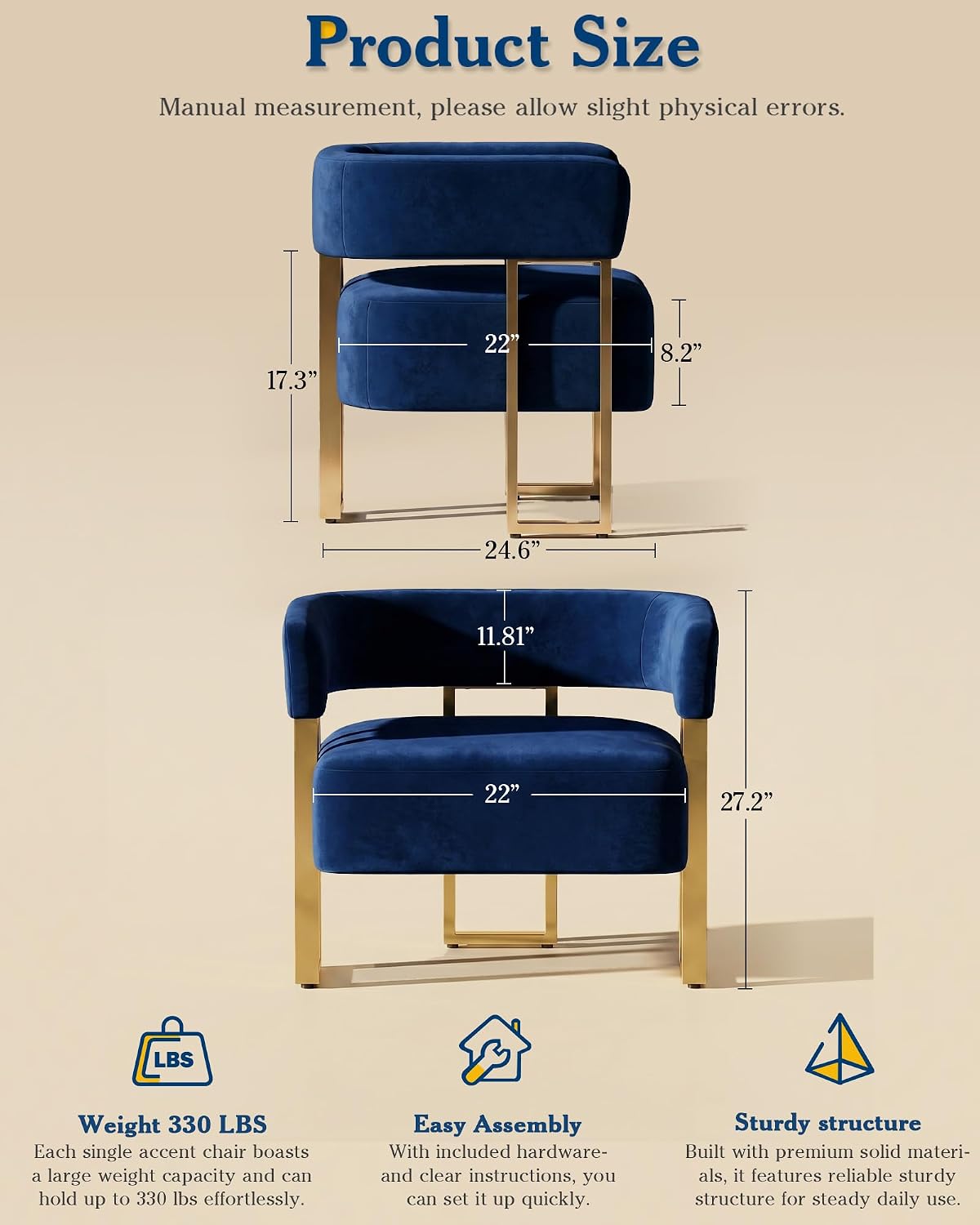 AODAILIHB Blue Modern Accent Chair, Velvet Barrel Chairs with Gold Metal Legs - Upholstered Armchairs for Living Room, Bedroom, Lounge & Waiting Room