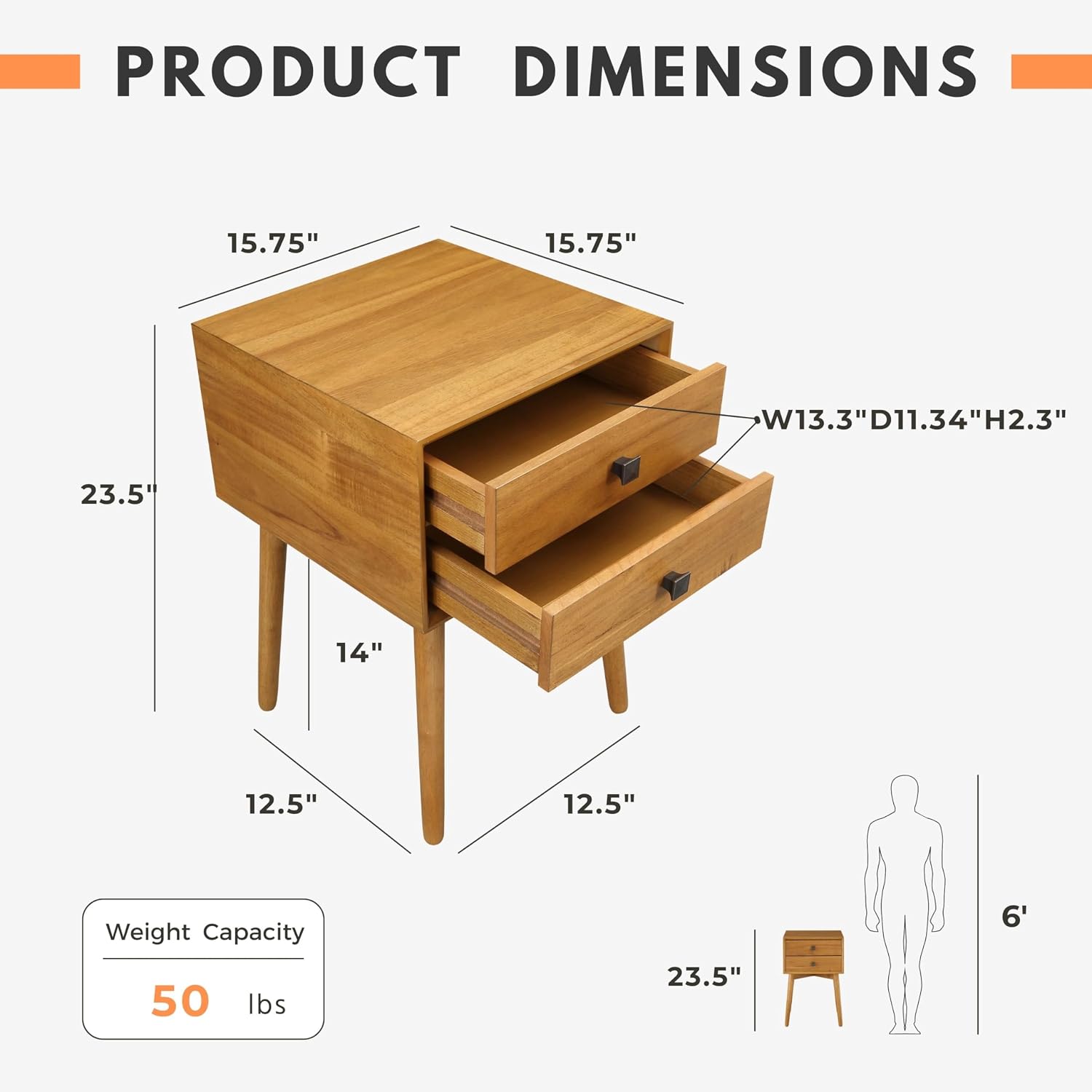 24/7 Shop at Home Goerge Mid-Century Modern Nightstand, Solid Rubber Wood Dresser, Small Bedside Tables with 2 Drawers, with Tapered Legs for Bedroom, Living Room, Home Office, Light Oak Brown