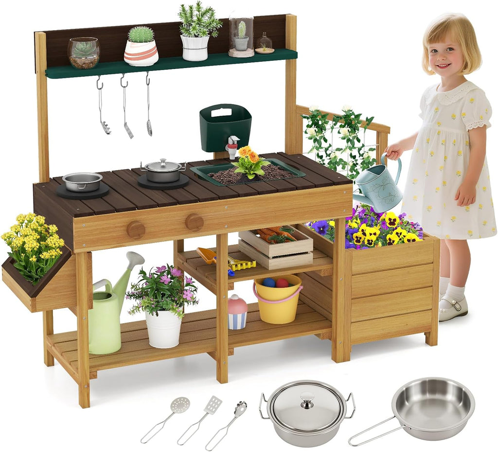 Costzon Mud Kitchen, Wooden Kids Potting Bench w/Removable Faucet, Sink, Stoves, Rotation Knobs, Planter Boxes, Trellis & Cooking Accessories, Mud Kitchen for Kids Outdoor 3-8 (Brown)