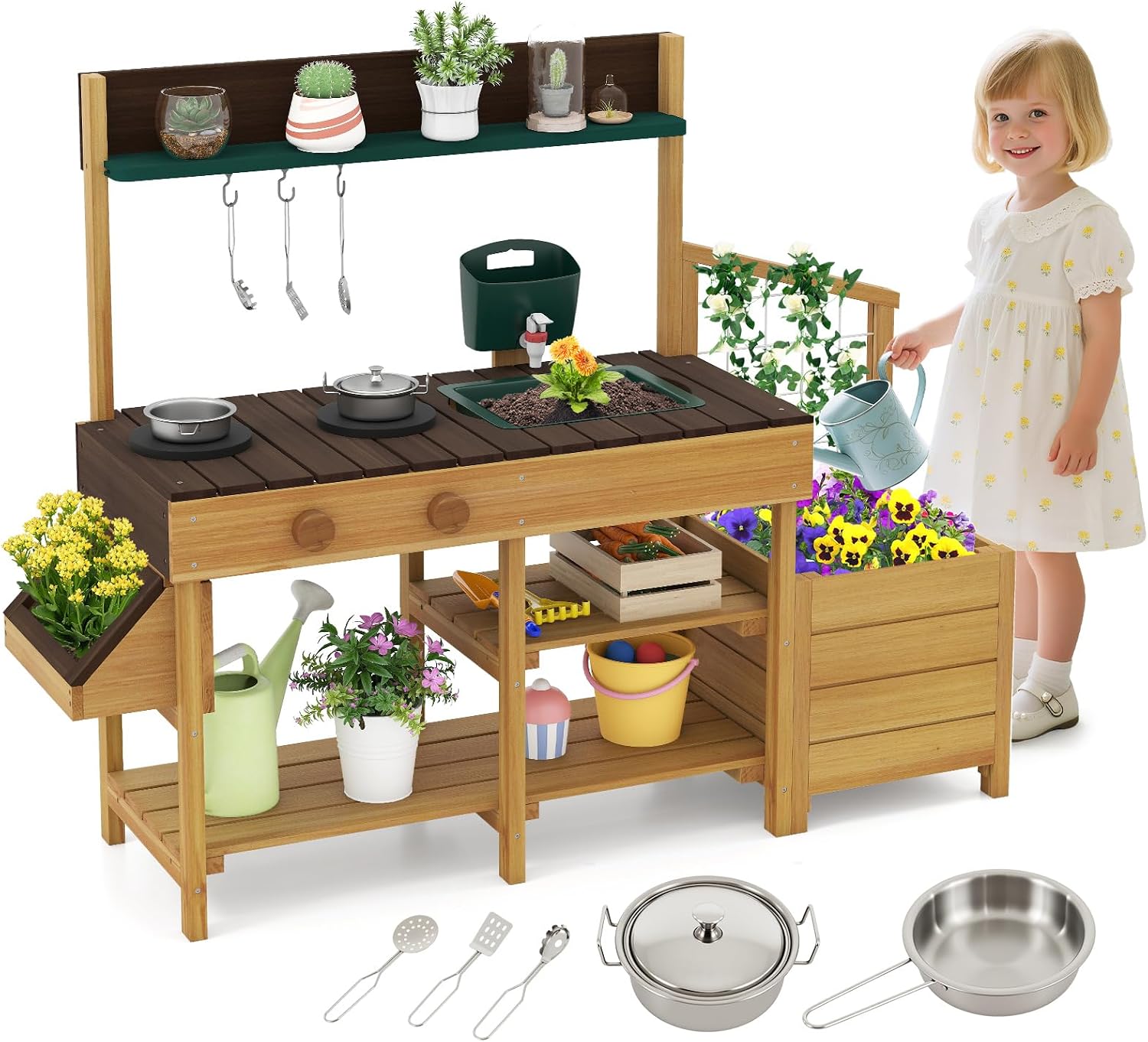 Costzon Mud Kitchen, Wooden Kids Potting Bench w/Removable Faucet, Sink, Stoves, Rotation Knobs, Planter Boxes, Trellis & Cooking Accessories, Mud Kitchen for Kids Outdoor 3-8 (Brown)