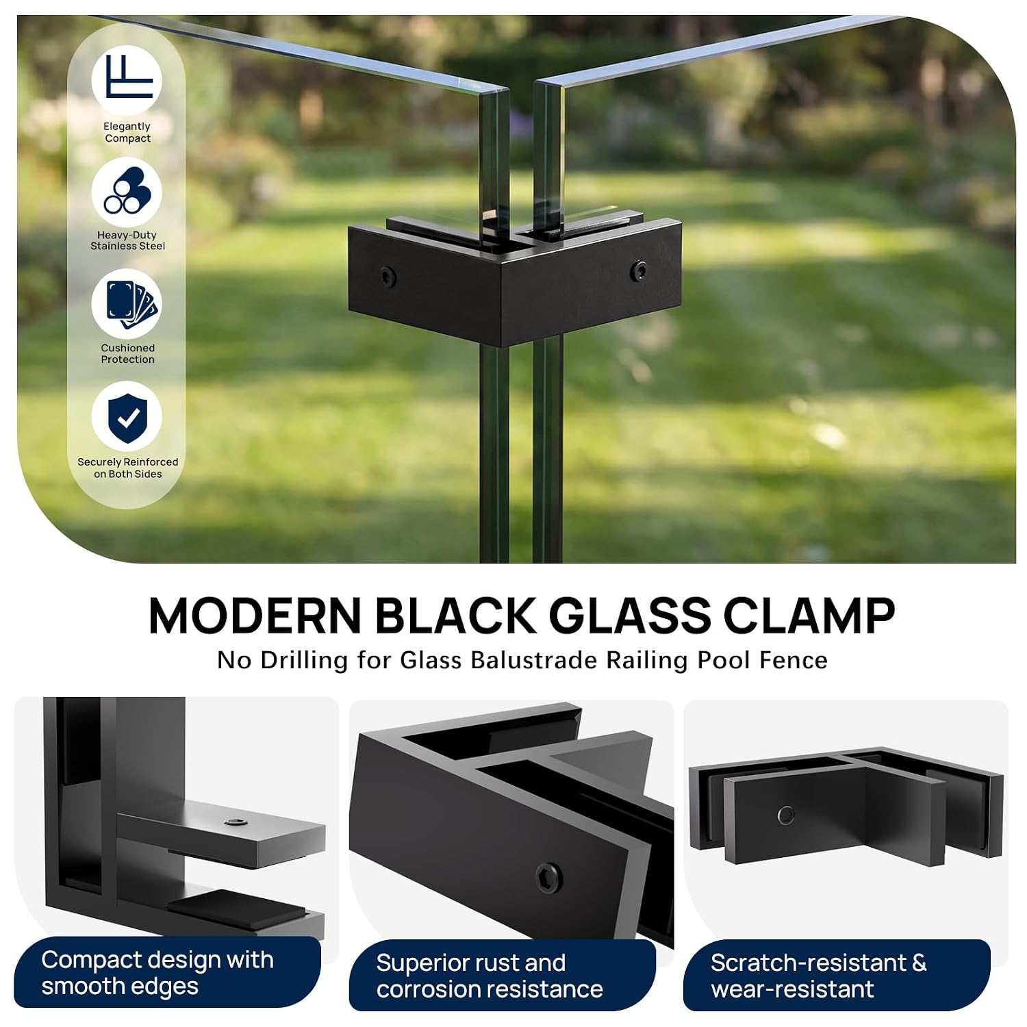 20 Pack Corner Railing Glass to Glass Clamps, Double Side Glass Clip | No Drilling in Glass, T304 Stainless Steel, Fits 3/8'-1/2' Glass Thickness, Modern Black, Suitable for Fence, Pool, Balcony