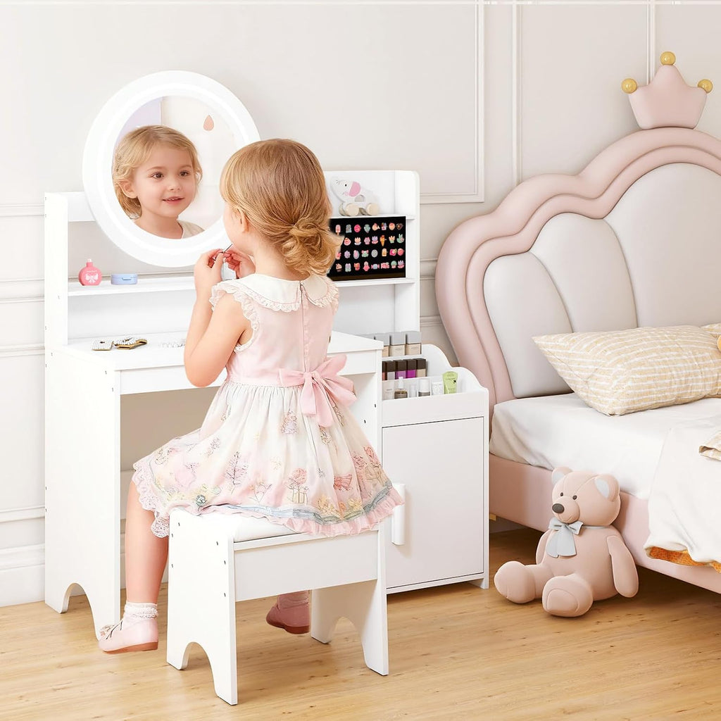 INFANS Kids Vanity with Lights, Princess Makeup Desk with Mirror Storage Shelves, Toddler Table and Chair Set Pretend Play for Girls Aged 4-9 (Cream White)