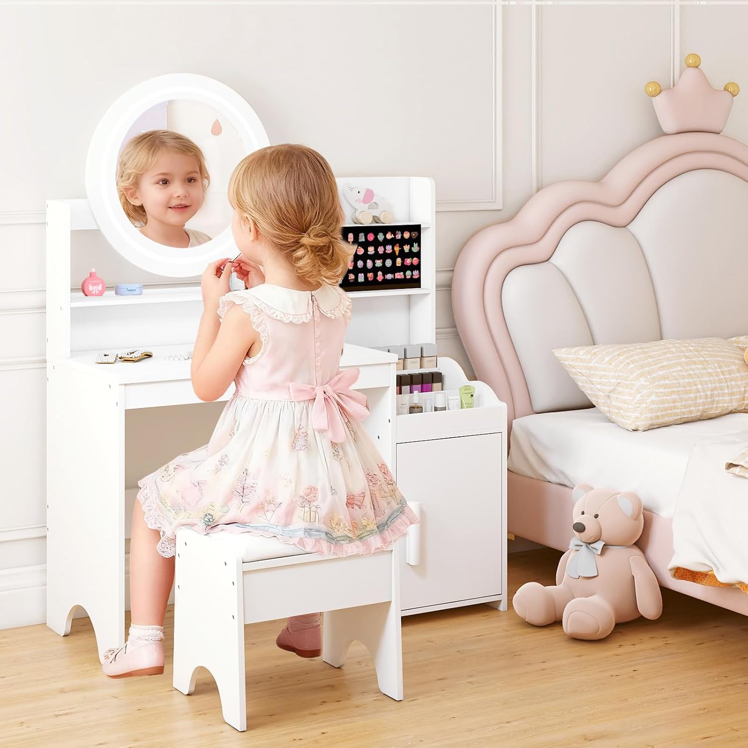 INFANS Kids Vanity with Lights, Princess Makeup Desk with Mirror Storage Shelves, Toddler Table and Chair Set Pretend Play for Girls Aged 4-9 (Cream White)
