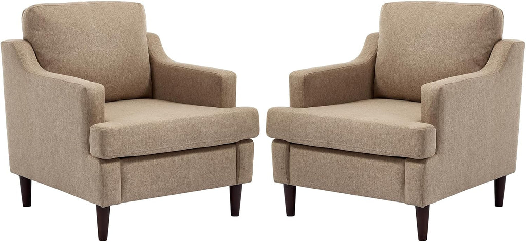 Ketaiyou Mid-Century Accent Chair Modern Linen Fabric Armchair for Living Room,Comfy Upholstered Reading Chairs for Bedroom,Single Sofa Chair with Wood Legs (Khaki, Set of 2)