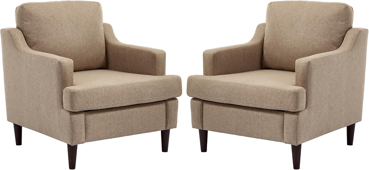 Ketaiyou Mid-Century Accent Chair Modern Linen Fabric Armchair for Living Room,Comfy Upholstered Reading Chairs for Bedroom,Single Sofa Chair with Wood Legs (Khaki, Set of 2)