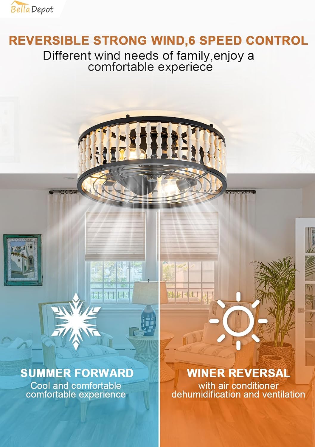 Bella Depot 19' Boho Ceiling Fan with Light, Flush Mount Wood Beaded Fandelier Chandelier Fan, 6 Speeds Reversible Bladeless for Bedroom Kids Room Kitchen, Black Wood