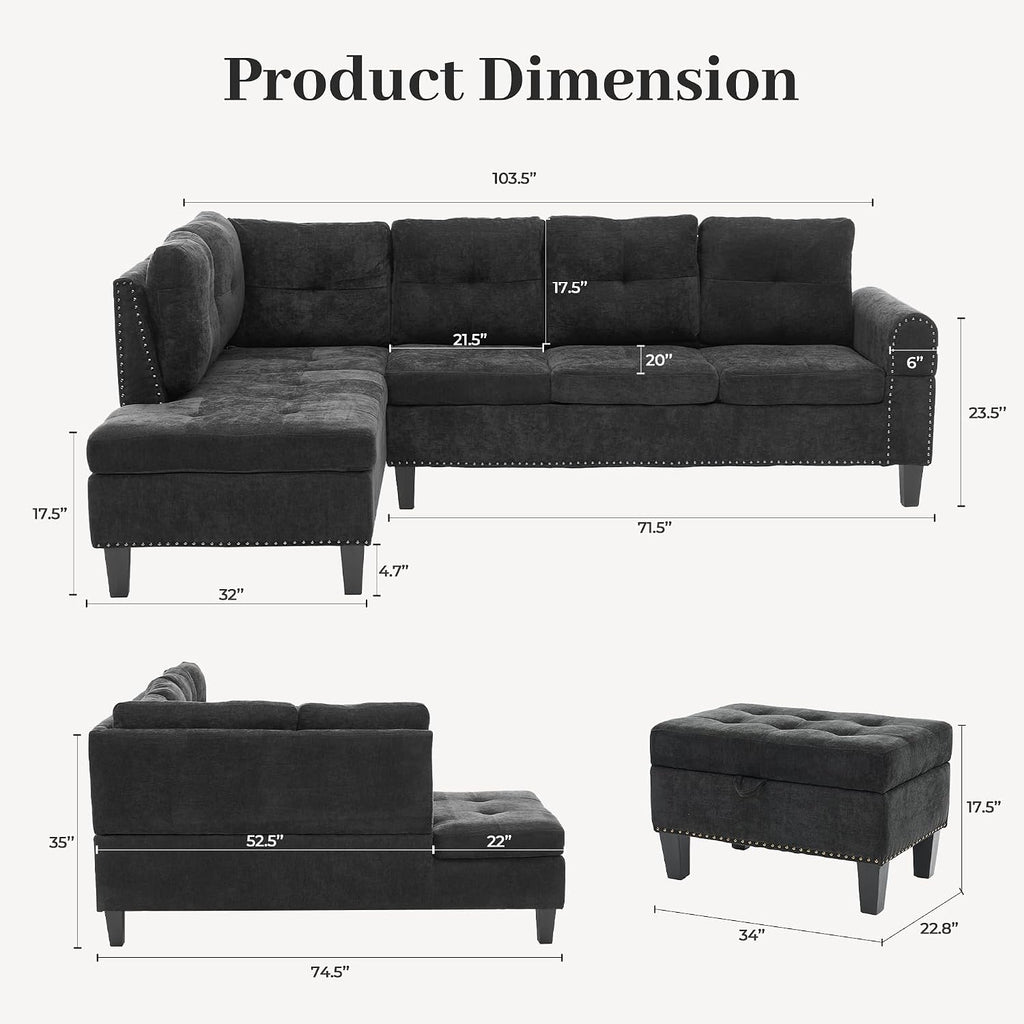 L Shaped Couches for Living Room, Sectional Couch Living Room Furniture with Storage Ottoman, Modular Sectional Sofa with Movable Chaise for Apartment Office, Black Grey