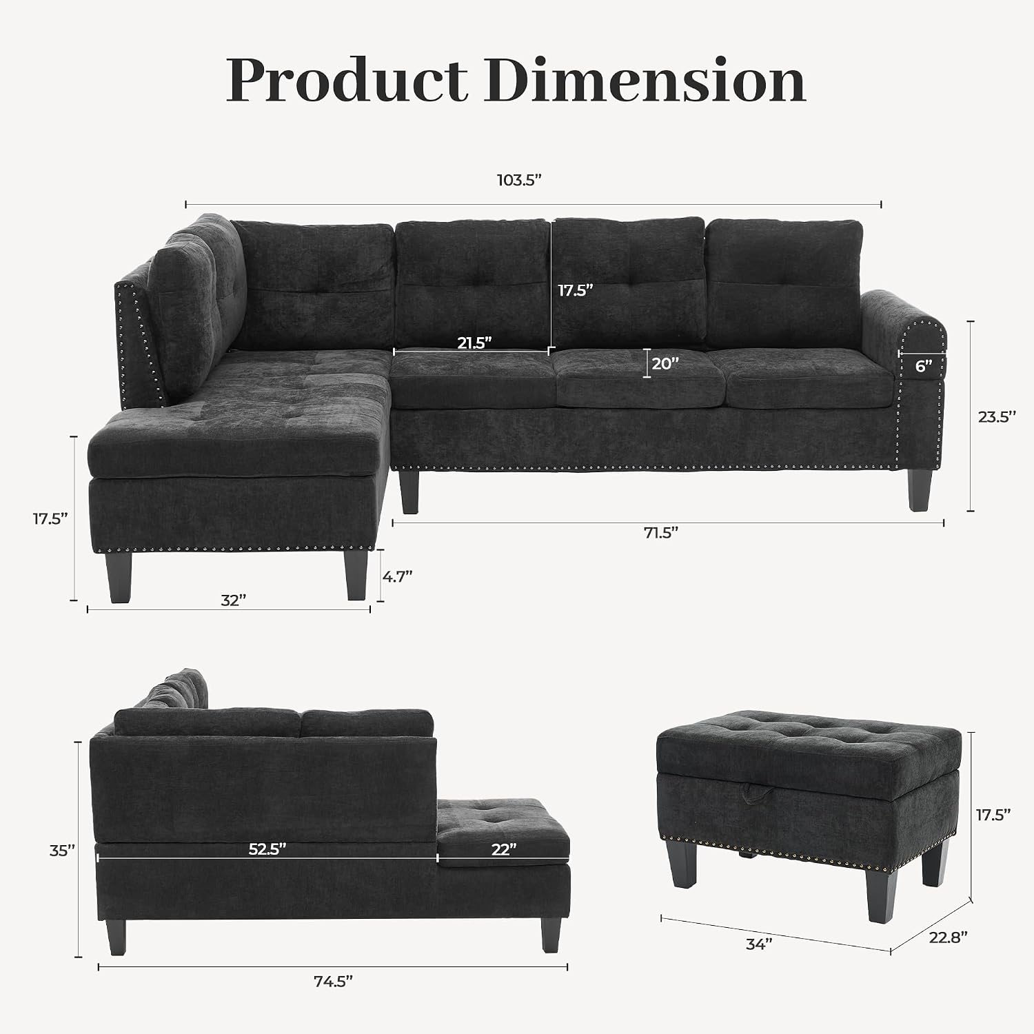 L Shaped Couches for Living Room, Sectional Couch Living Room Furniture with Storage Ottoman, Modular Sectional Sofa with Movable Chaise for Apartment Office, Black Grey