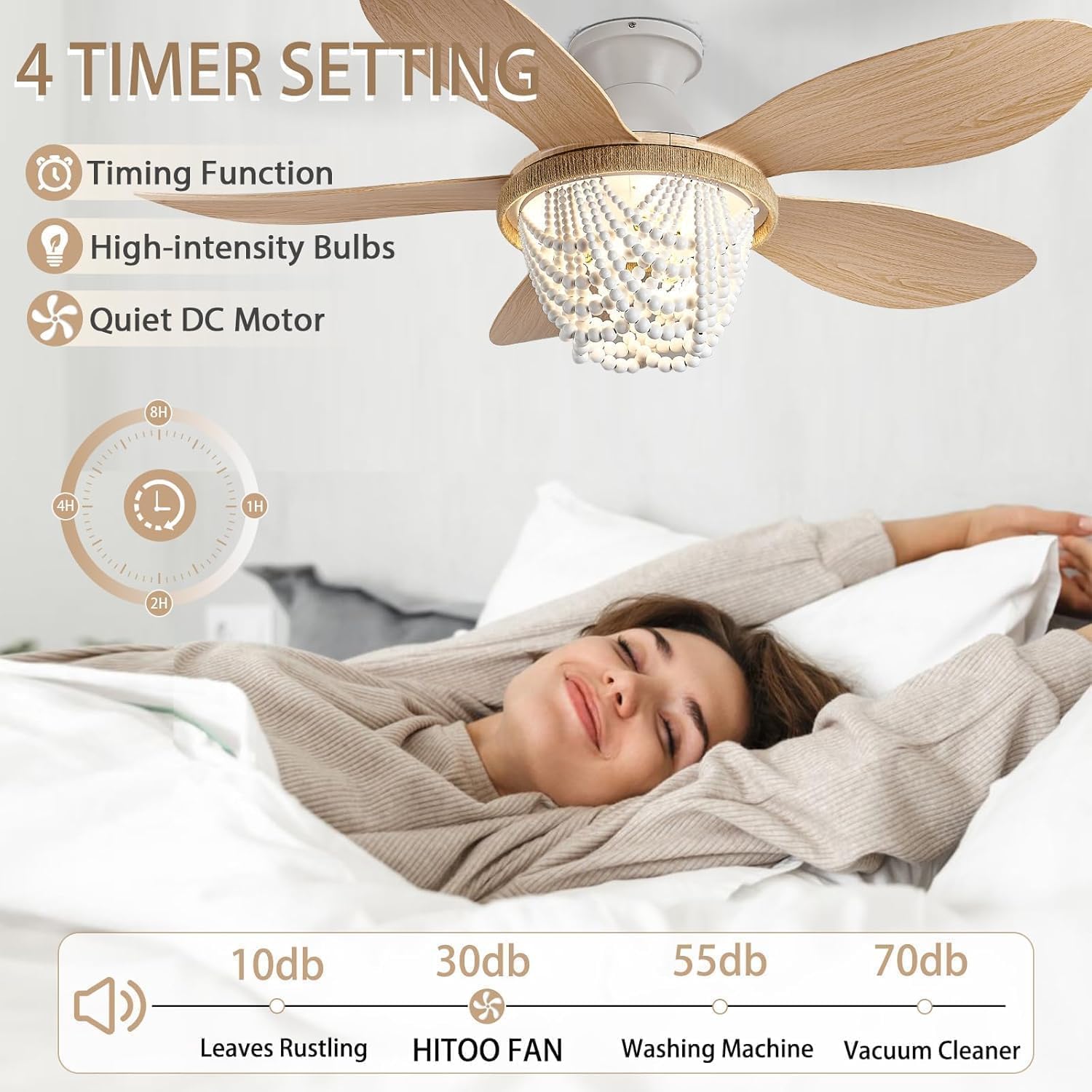Boho Ceiling Fans with Lights and Remote, Wood Beaded 52 inch Ceiling Fan with Light,6 Speed Reversible Motor LED Flush Mount Ceiling Fans, Ceiling Fan Light for Bedroom Living Room (ABS Blades)
