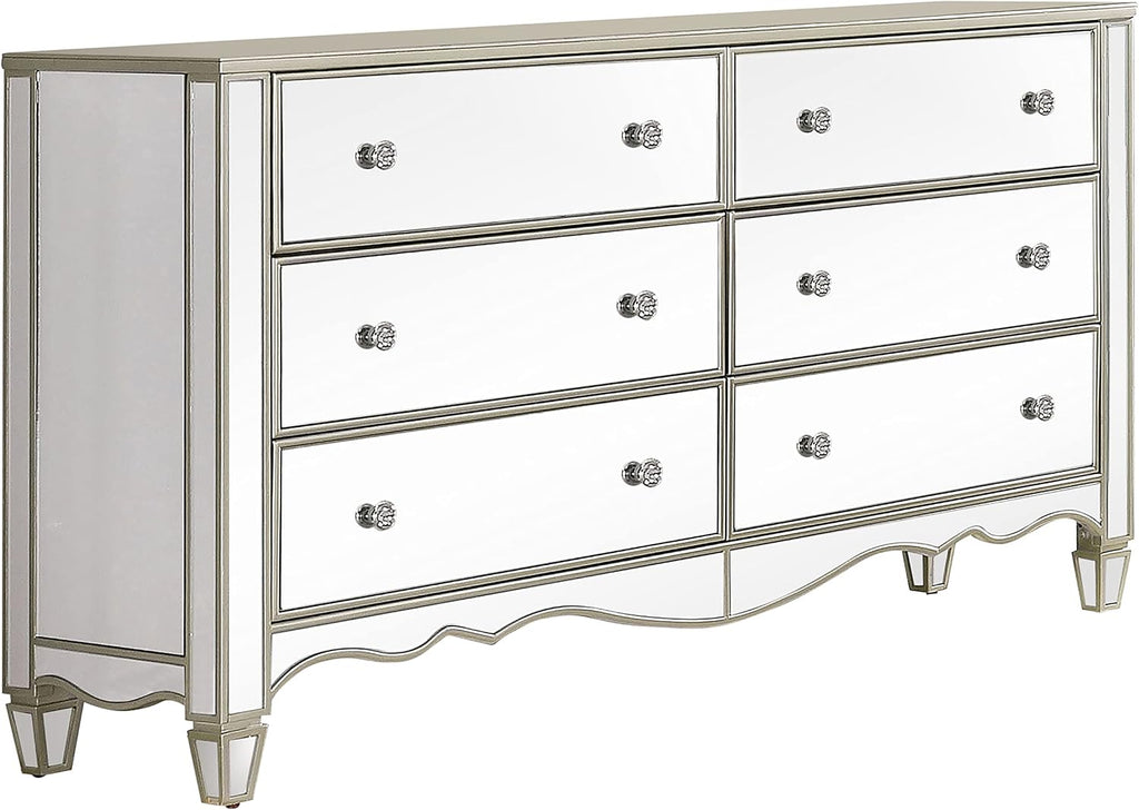 HOMES: Inside + Out Bowne Glam 2-Piece Wood USB Port Nightstand and 6-Drawer Dresser Set for Bedroom, Silver