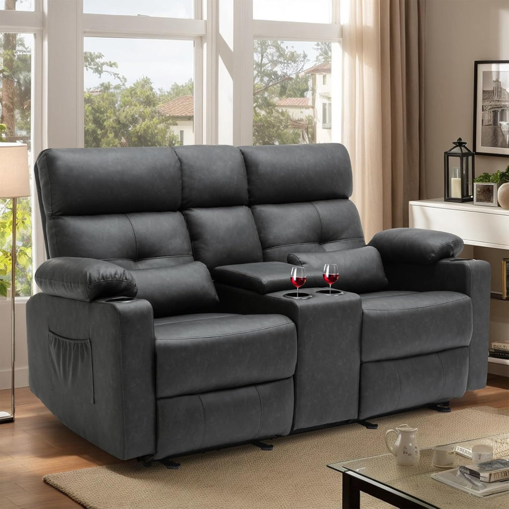 Power Reclining Loveseat with Console, Power Loveseat Recliner Sofa with Heat and Massage, Extended Footrest, Wall Hugger RV Recliner with Cup Holders, Lumbar Support for Living Room