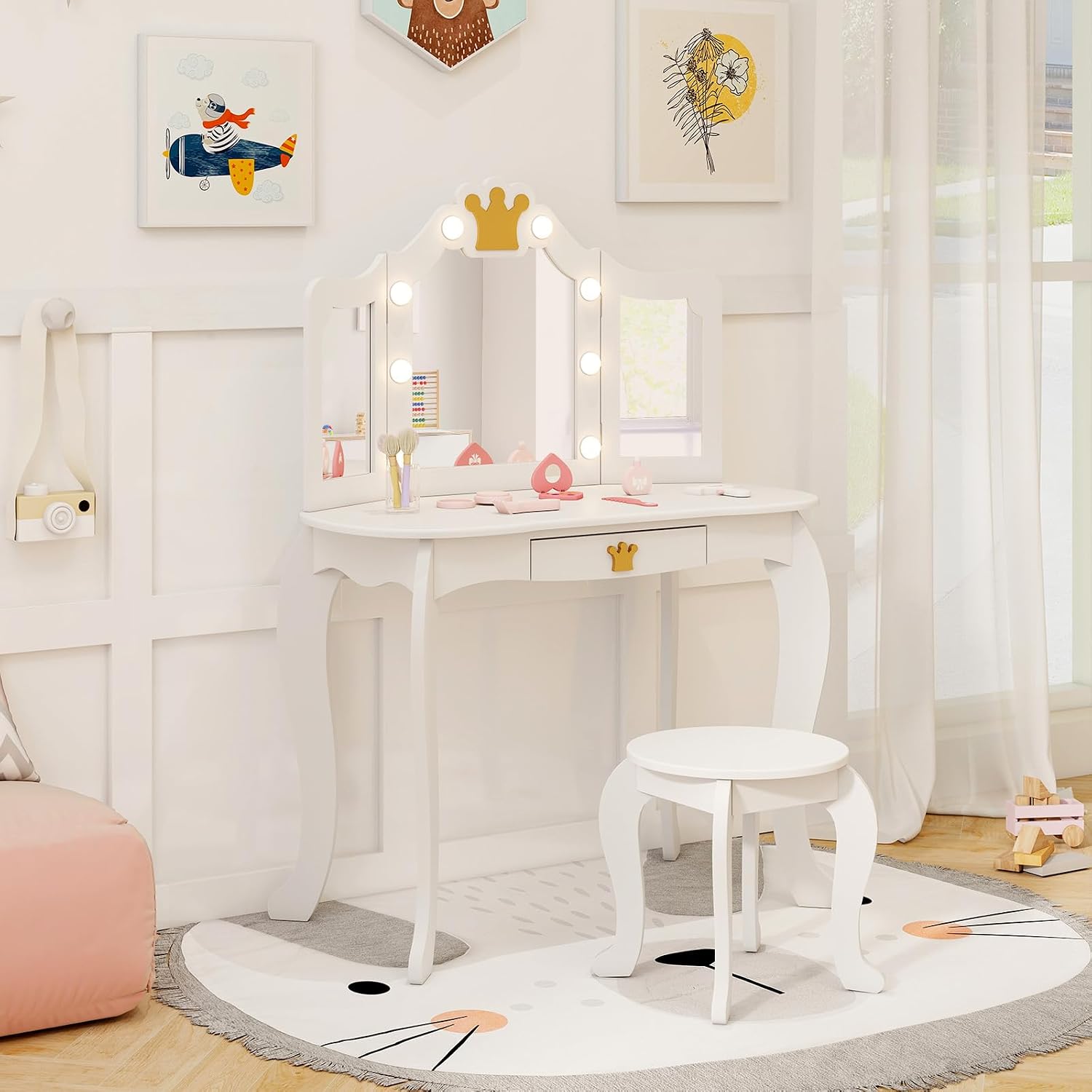 HONEY JOY Kids Vanity with Lights, Crown Girls Vanity Set with Mirror and Stool and Lights, Toddler Vanity, Wooden Makeup Table for Little Girls, Pretend Play Kids Vanity Table and Chair Set(White)