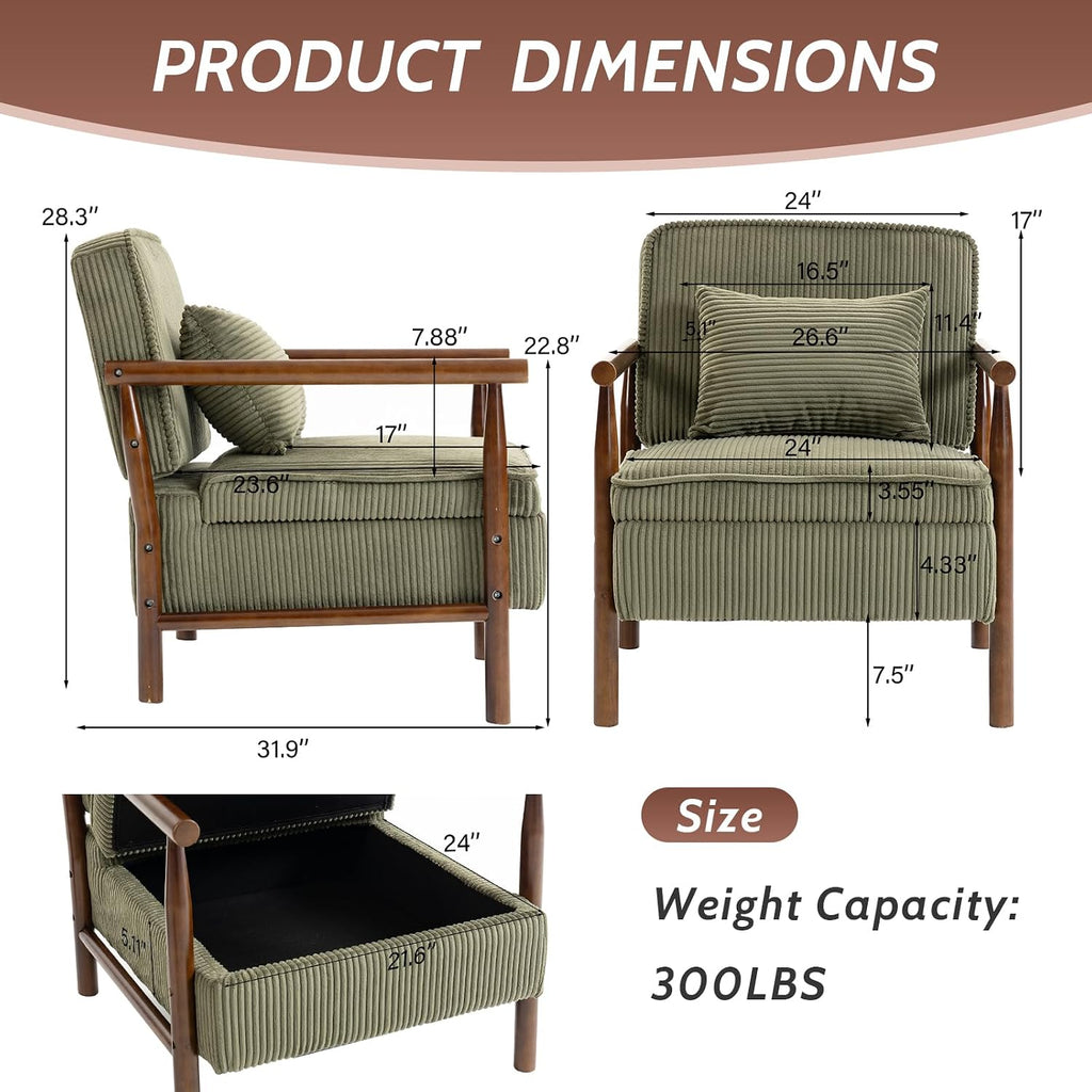 Accent Chair with Hidden Storage, Mid-Century Upholstered Armchair with Solid Wood Frame, Corduroy Fabric Accent Chair for Living Room, Bedroom, and Reading Corner(Green)