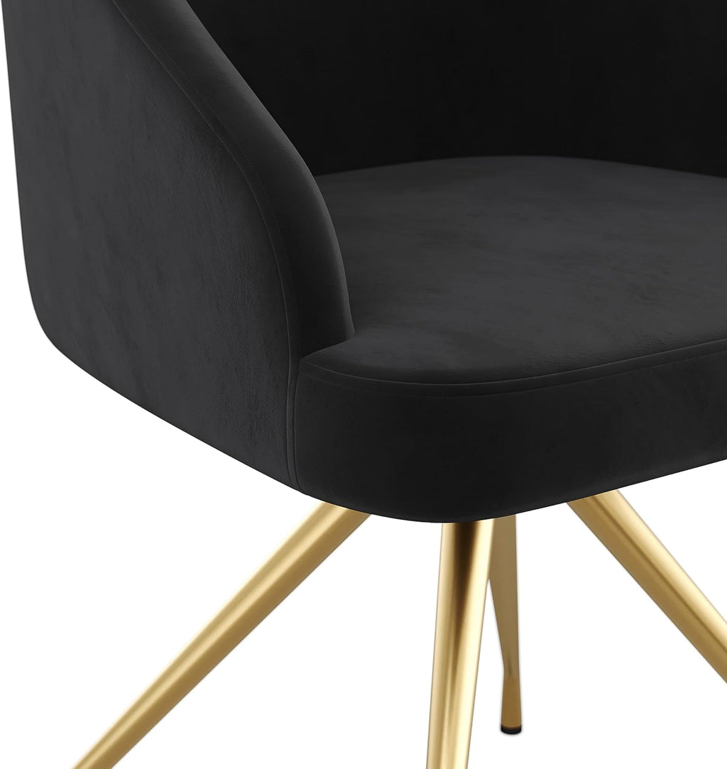 Martha Stewart Sora Stationary Swivel Task Chair with Sloped Arms for Home Office in Black Velvet with Polished Brass Frame