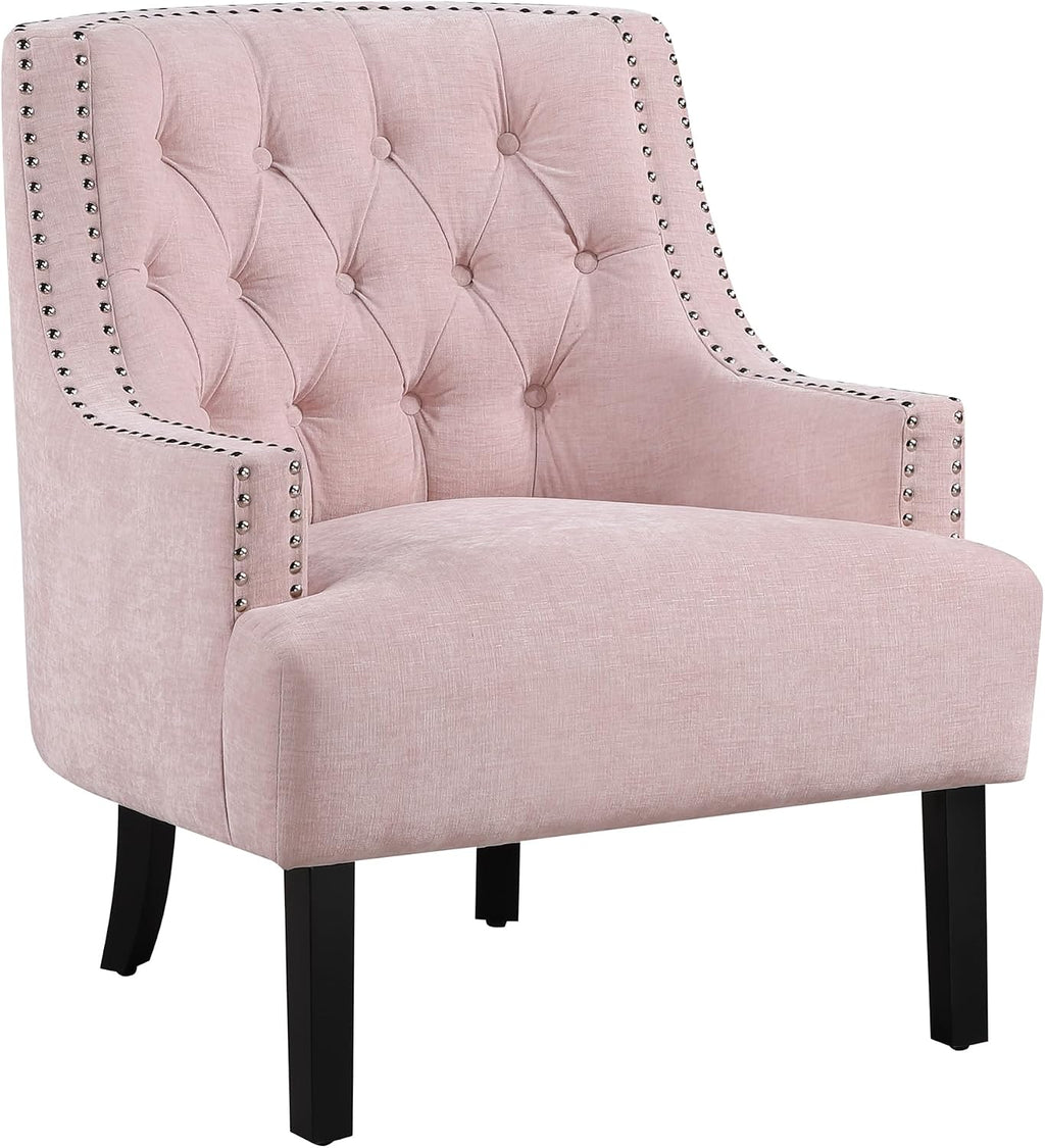 Lexicon Accent Chair Reading Chair Comfy Chair for Bedroom, Upholstered Armchair with Solid Wood Frame, Tufted Cushion Nail Head Trim, Single Sofa Chair for Living Room, Office, Pink Chenille