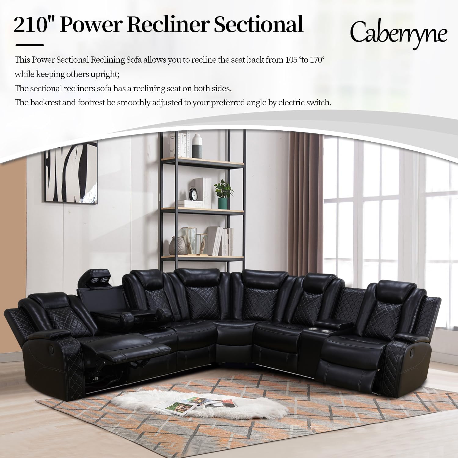 Power Recliner Sofa Sectional Couch for Living Room Furniture Set,Leather Reclining Corner Sectional Couch with 3 Recliner Seats,Cup Holder,Storage,LED Light for House/Home Theater, Black