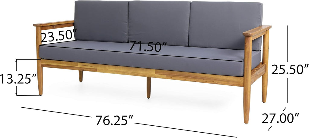 Christopher Knight Home Gaviaz Acacia Wood Outdoor 3 Seater Sofa, 76'' Modern Patio Couch with Water-Resistant Cushions and Open Slat Design for Garden Poolside Deck, Dark Gray