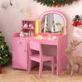 INFANS Kids Vanity, Princess Makeup Desk and Chair Set with Lights Mirror Drawer Storage Shelves, Wooden Dressing Table, Pretend Play Vanity Set for Girls