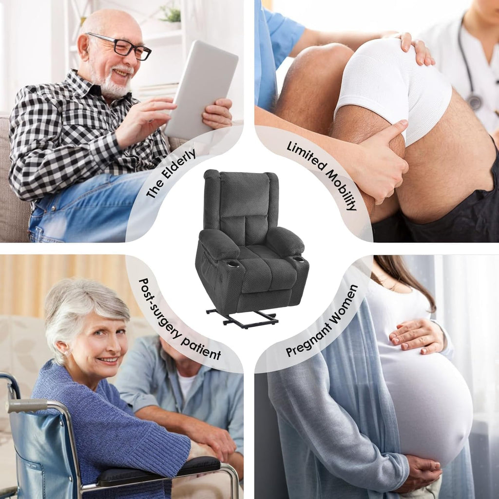 Small-Size Lift Chair for Elderly, Recliner Chair with Massage & Heat, Electric Lift Recliner Chair for Living Room with Side Pocket, USB & Type-C Charge Port, Grey