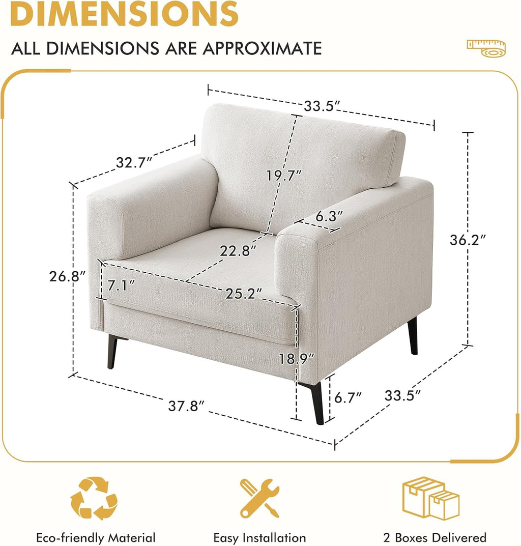 CDCASA Accent Chair, Linen Fabric Oversized Mid Century Modern Chair Set of 2, Comfy Upholstered Armchair Reading Accent Chairs Sofa Chairs for Bedroom Living Room,Beige