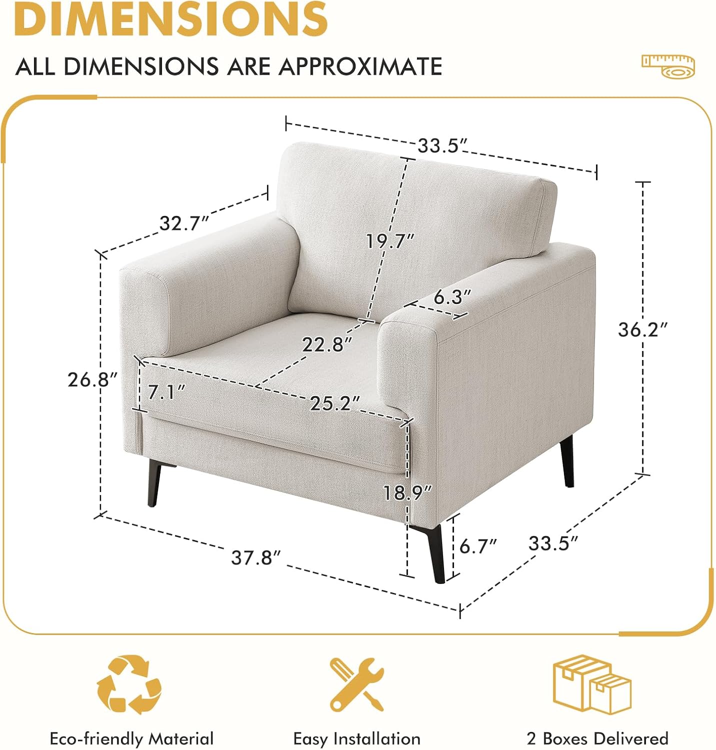 CDCASA Accent Chair, Linen Fabric Oversized Mid Century Modern Chair Set of 2, Comfy Upholstered Armchair Reading Accent Chairs Sofa Chairs for Bedroom Living Room,Beige