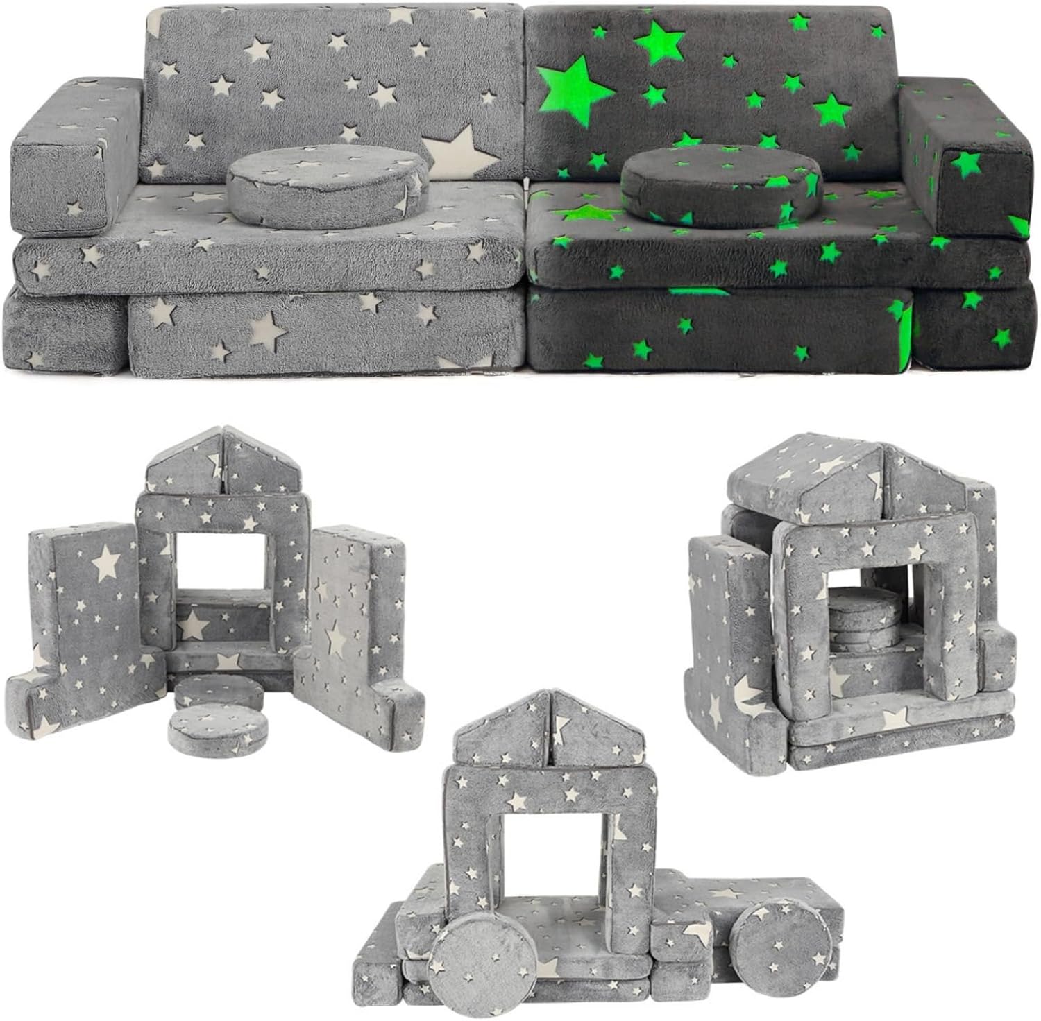 Kids Couch Sofa 12 Pcs Modular Star Glow in The Dark, Convertible Fold Out Foam Couch for Boys and Girls, Playroom Bedroom Furniture, Grey