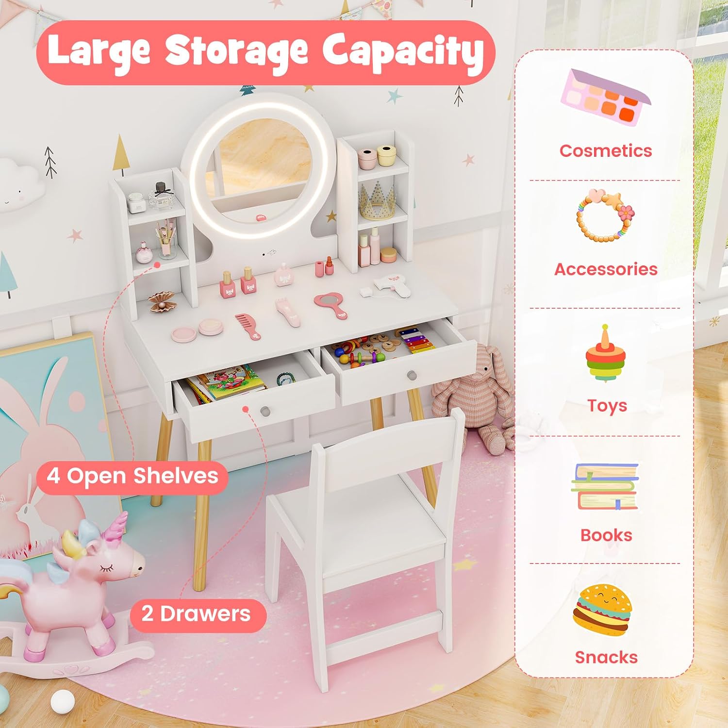 HONEY JOY Kids Vanity, Girls Vanity Set with Mirror and Stool and Lights, Drawers & Storage Shelves, Toddler Makeup Vanity Dressing Table, Pretend Play Kids Vanity Table and Chair Set (White)